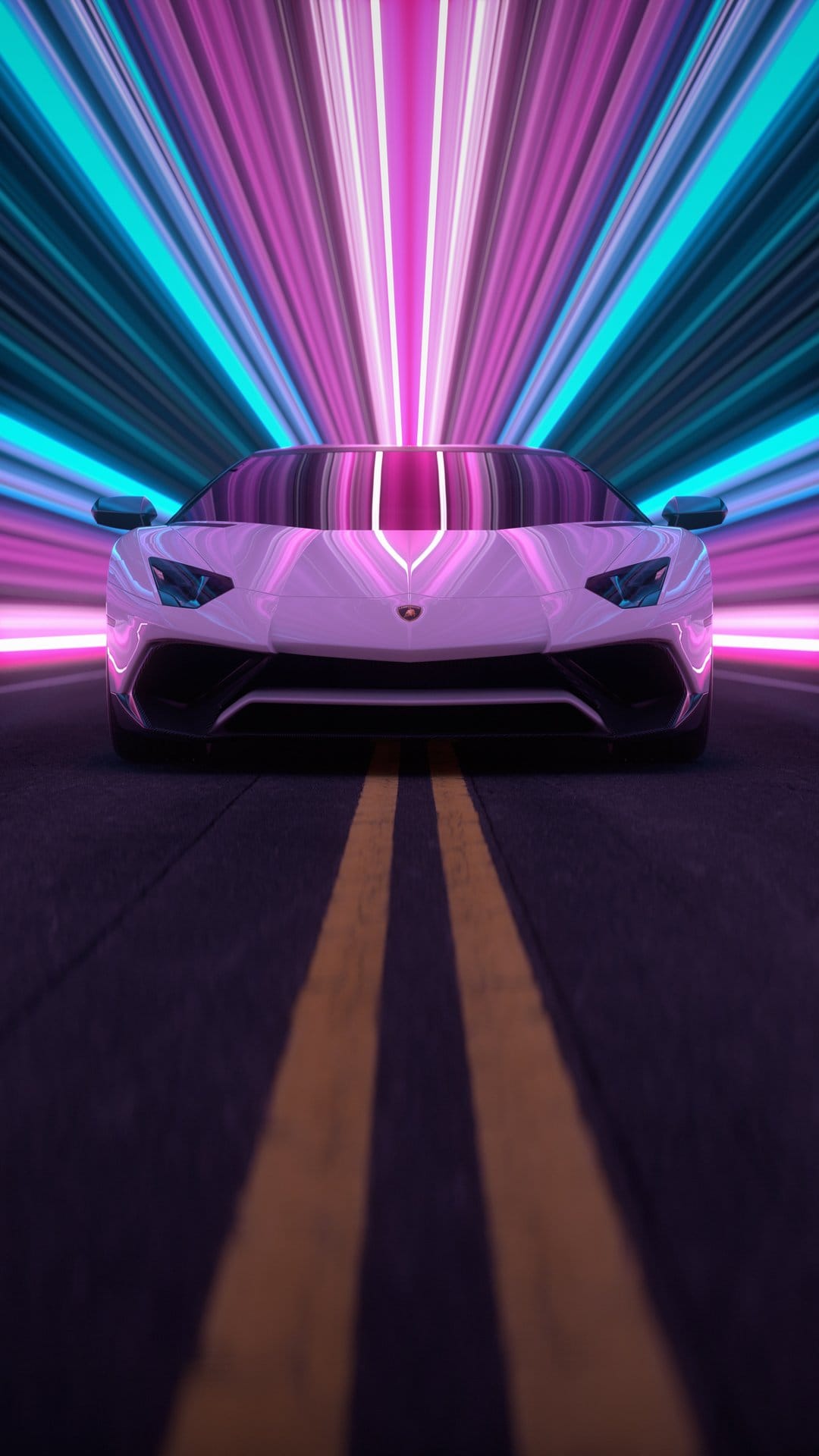 White Lamborghini supercar accelerates through a pink and turquoise neon tunnel with blurred light streaks.