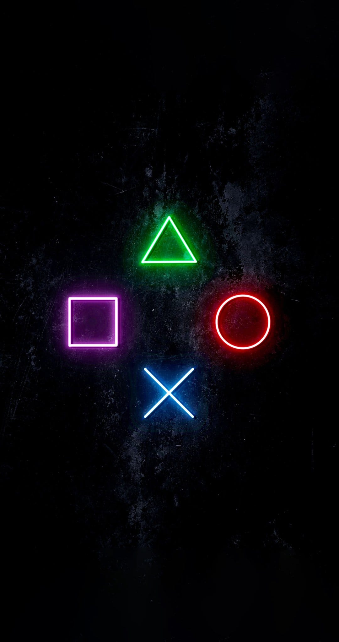 Neon PlayStation symbols glow in vibrant blue, green, red, and pink on a dark, scratched grunge texture surface.