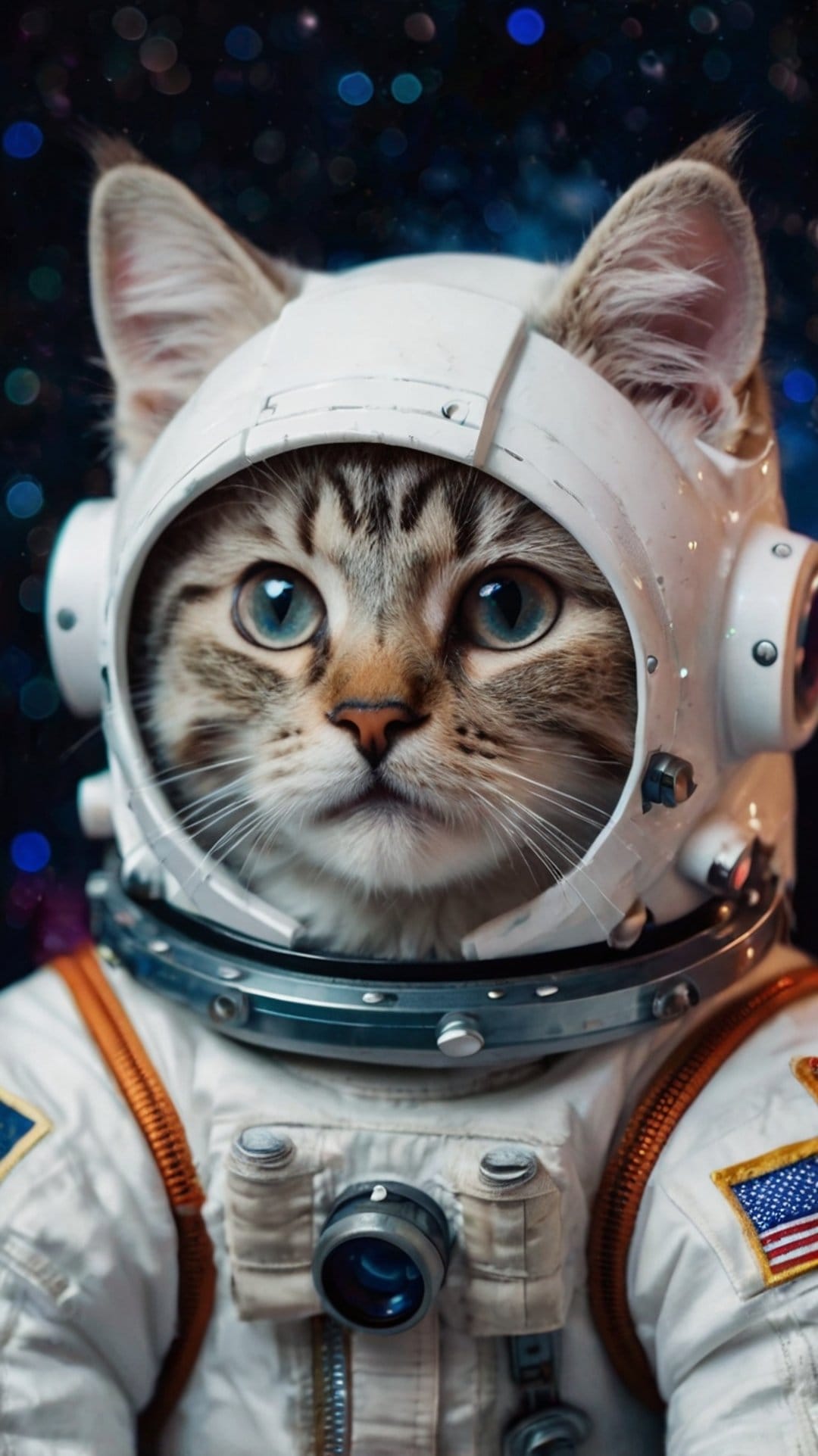 Tabby cat with blue eyes wearing a white astronaut suit and helmet against a dark starry sky with bokeh lights.