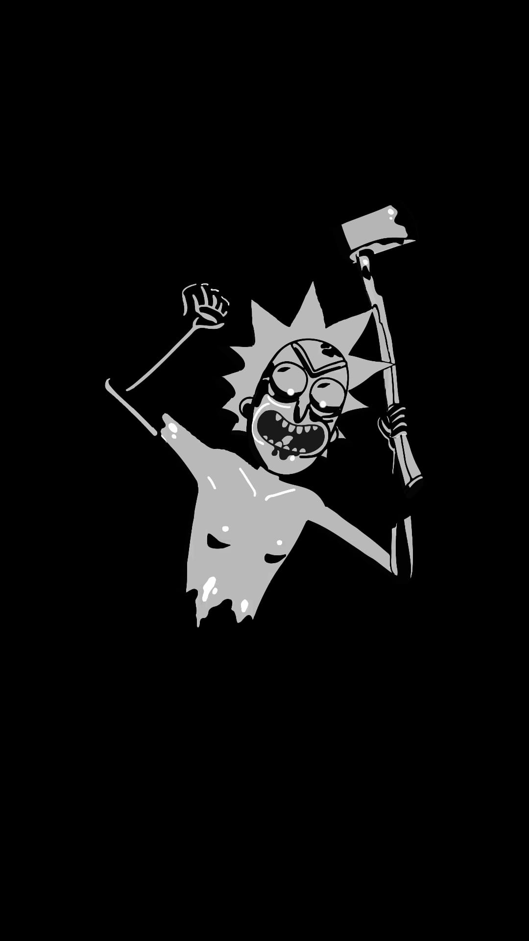 Rick Sanchez holds an axe with a menacing grin against a solid black background in high-contrast white lines.