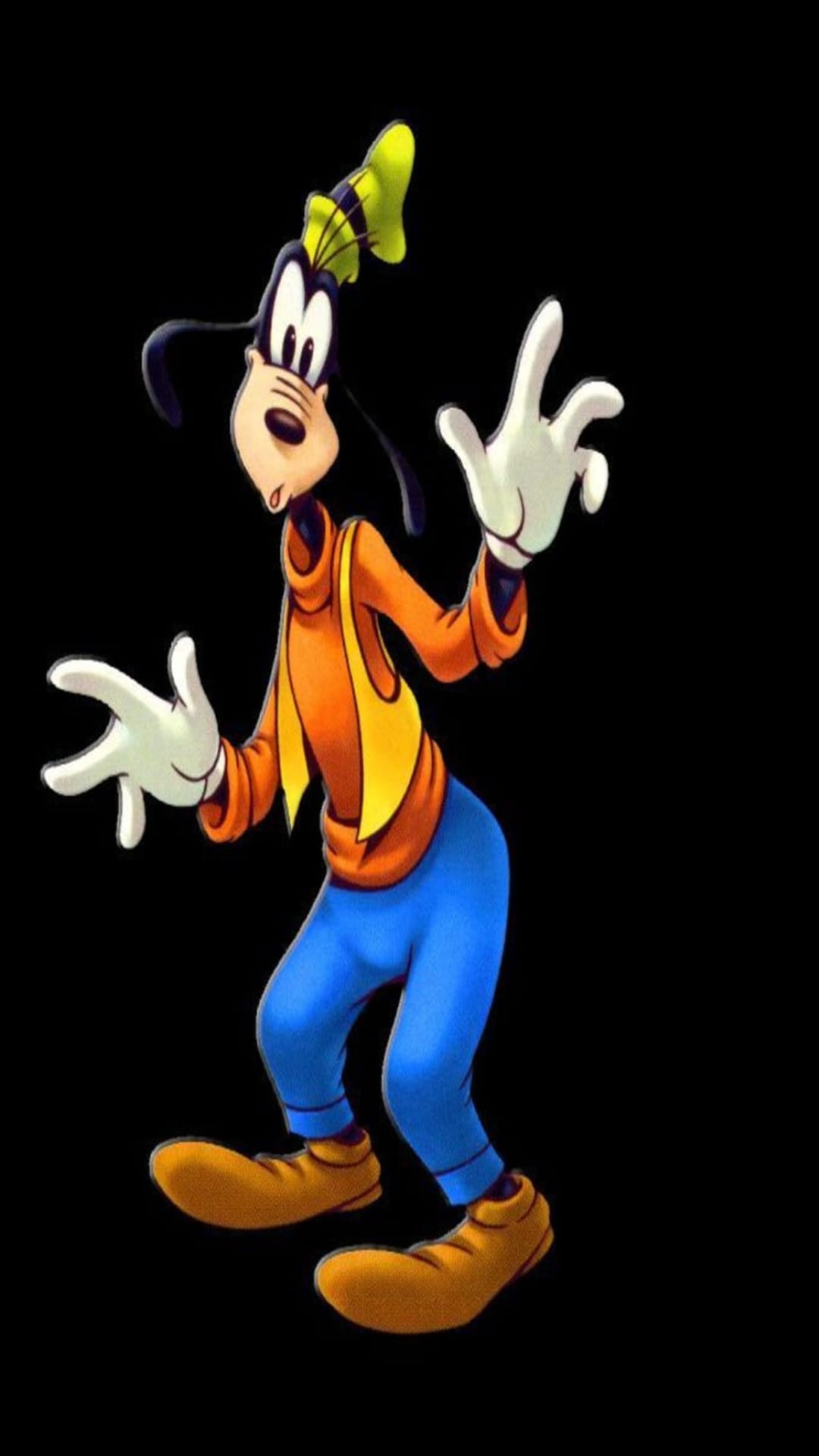 Goofy wearing his signature green hat and orange shirt dances joyfully against a solid black background.