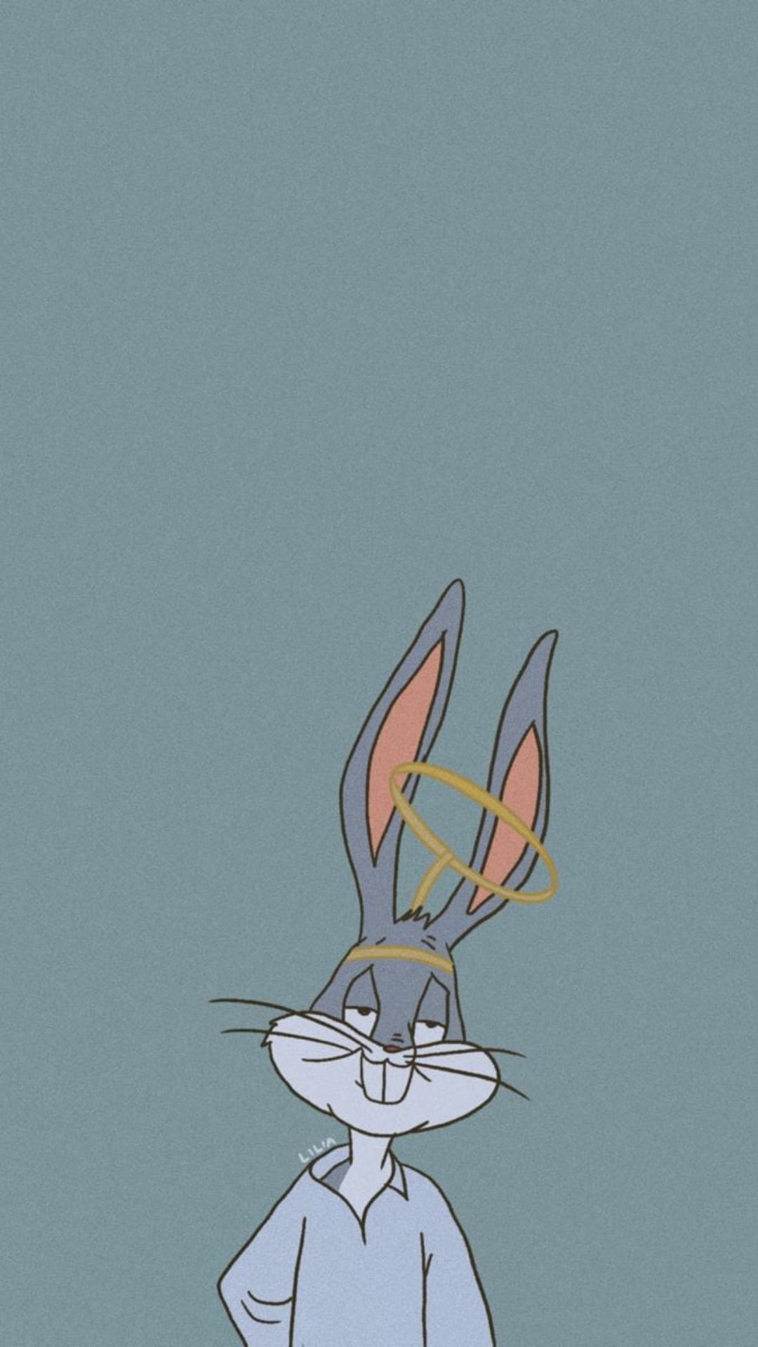 Bugs Bunny with a golden halo over his ears against a muted blue background in a vintage minimalist art style.