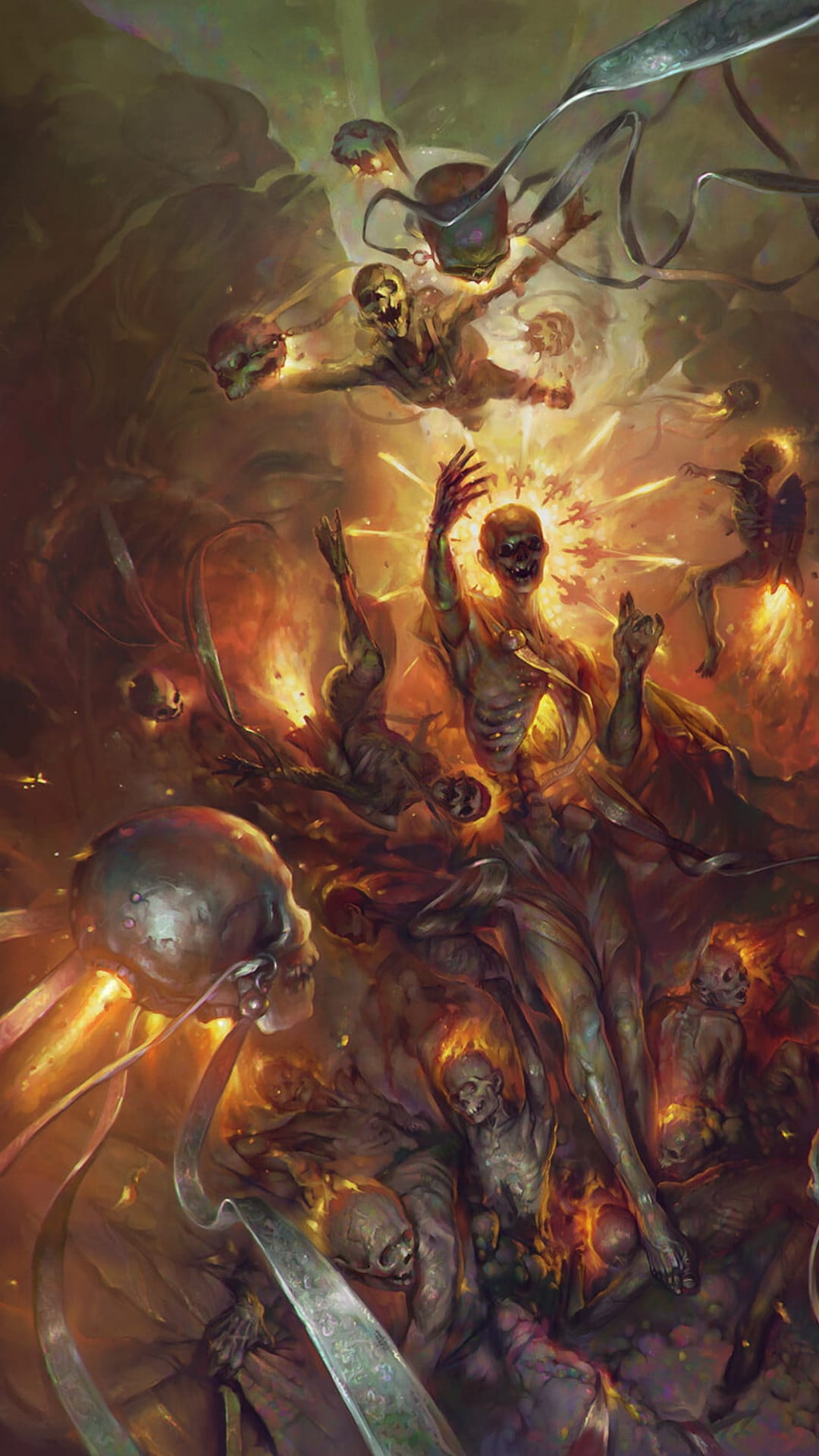 Skeletal demons with glowing eyes emerge from a whirlpool of fire and chains in a dark hellish environment.