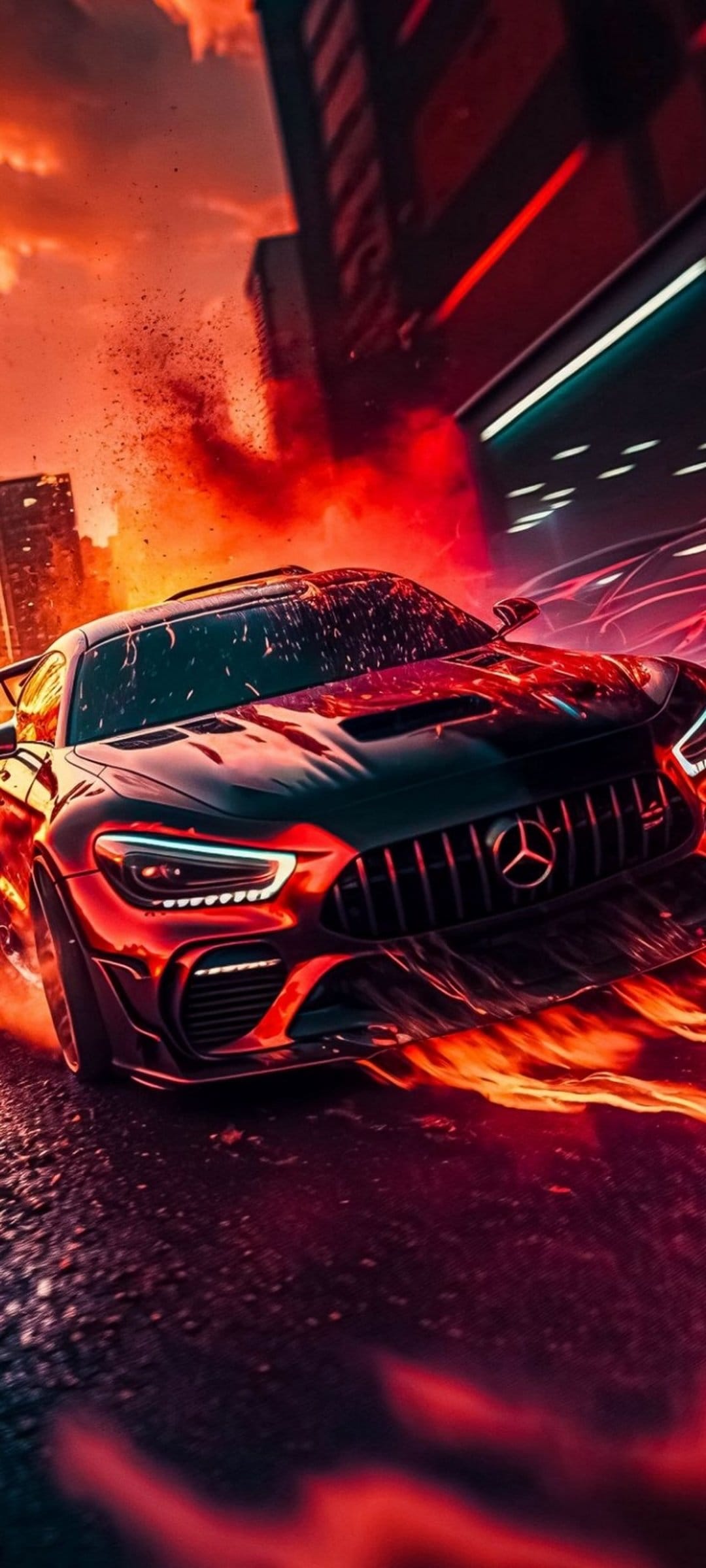Mercedes-AMG GT R supercar speeding through a dark city street with realistic orange flames trail at sunset.