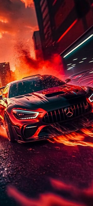mercedes,car,black,fire,street,art