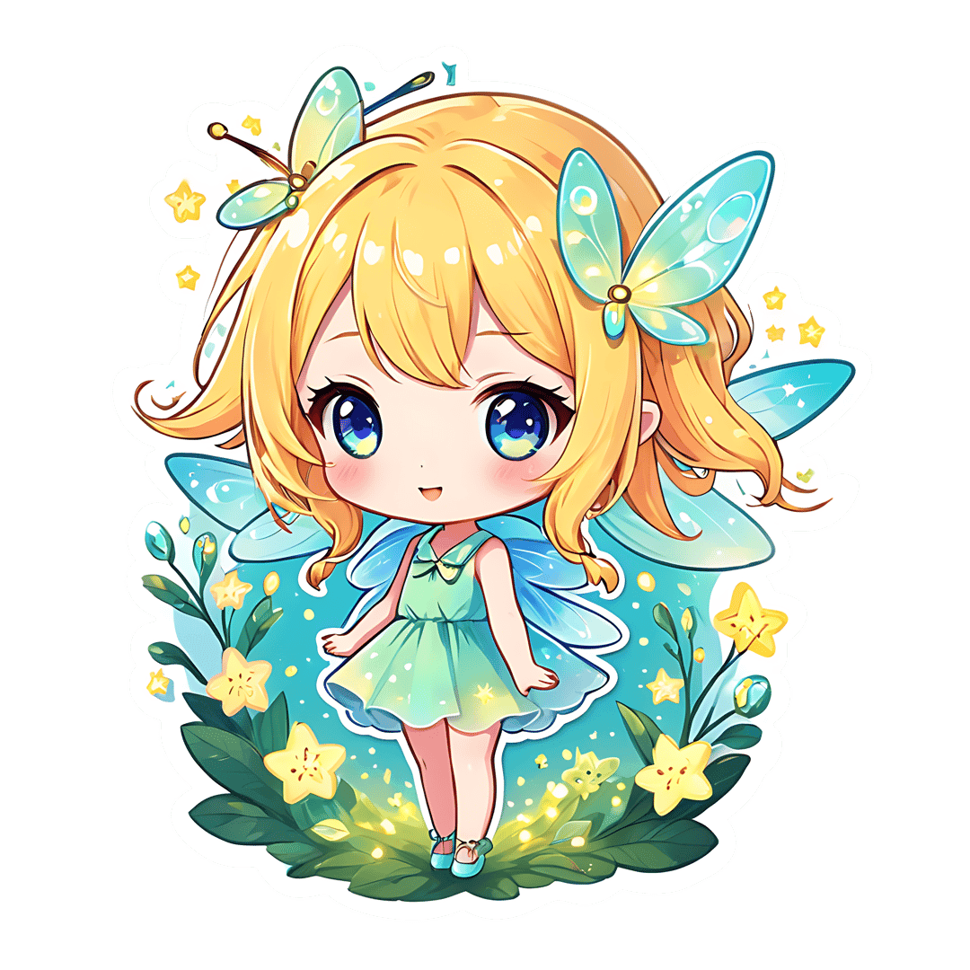 Chibi fairy character with blue butterfly wings and yellow star flowers stands against a soft blue background.