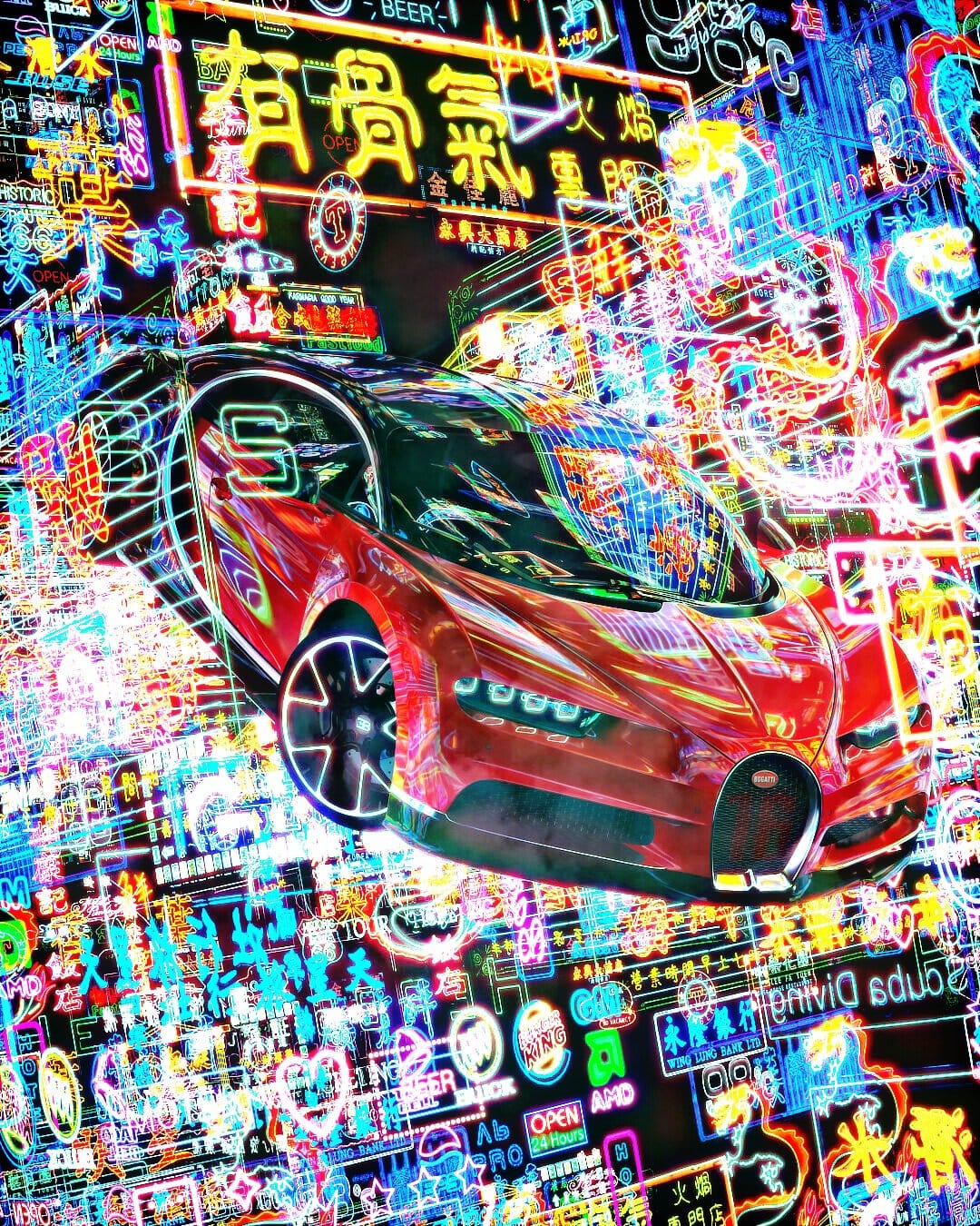 Sleek red hypercar parked on a glowing street surrounded by neon Chinese signs and towering futuristic buildings.