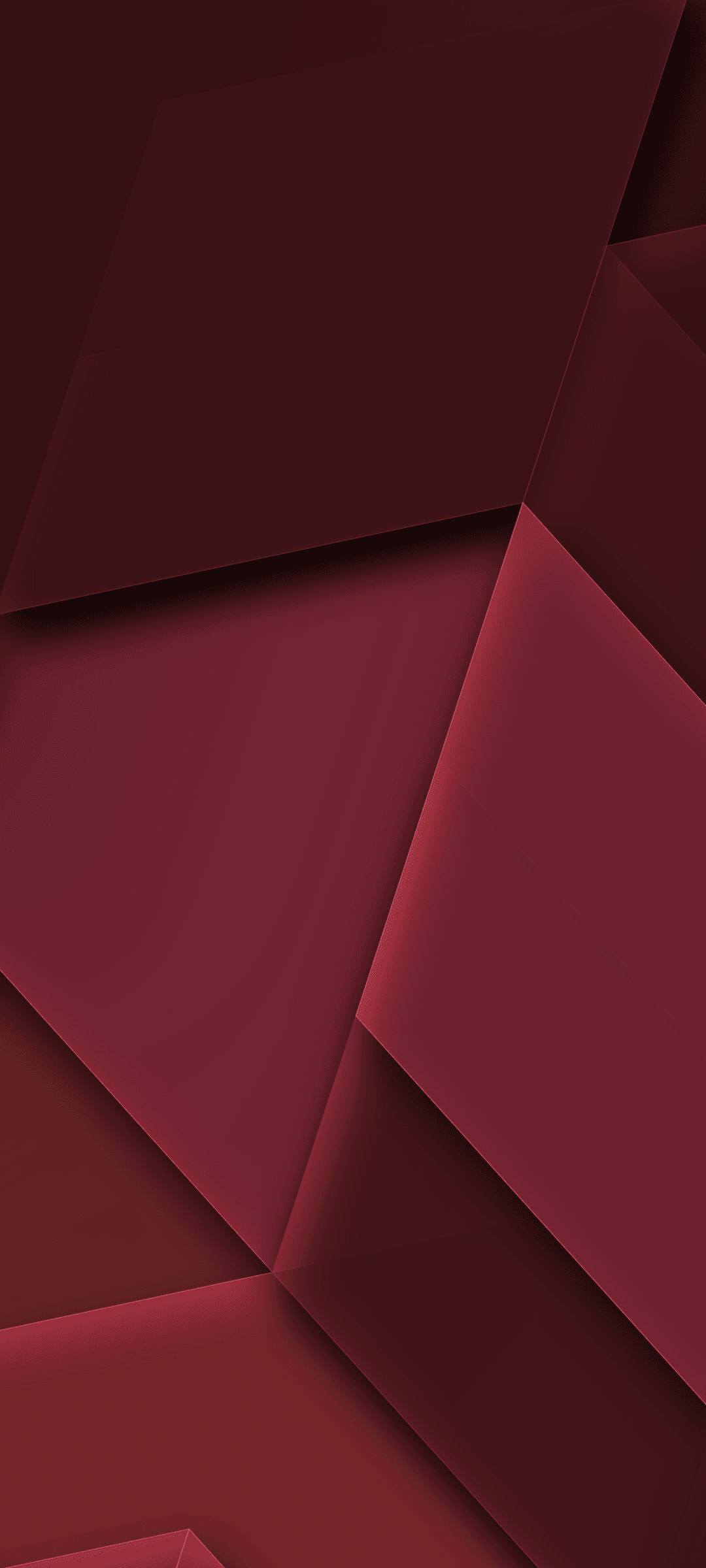 Angular crimson and burgundy geometric planes intersect with dramatic shadows to create a sense of deep 3D space.