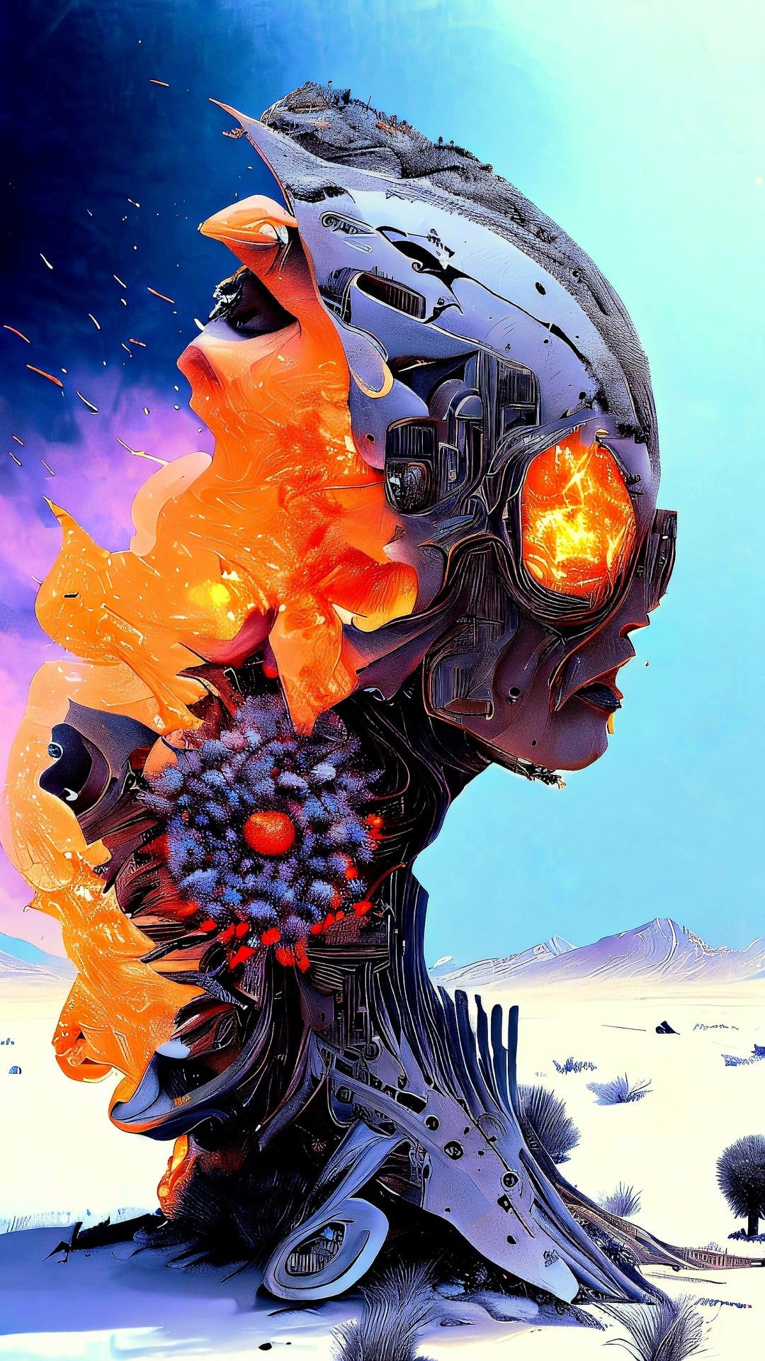 Flaming head alien with a mechanical body stands in a sandy desert under a blue sky and purple mountains.