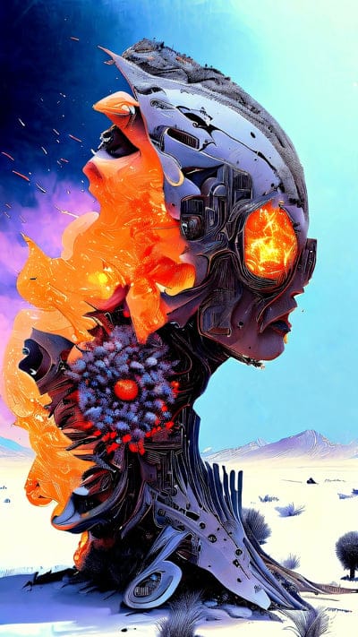 robot,cyborg,desert,fire,smoke
