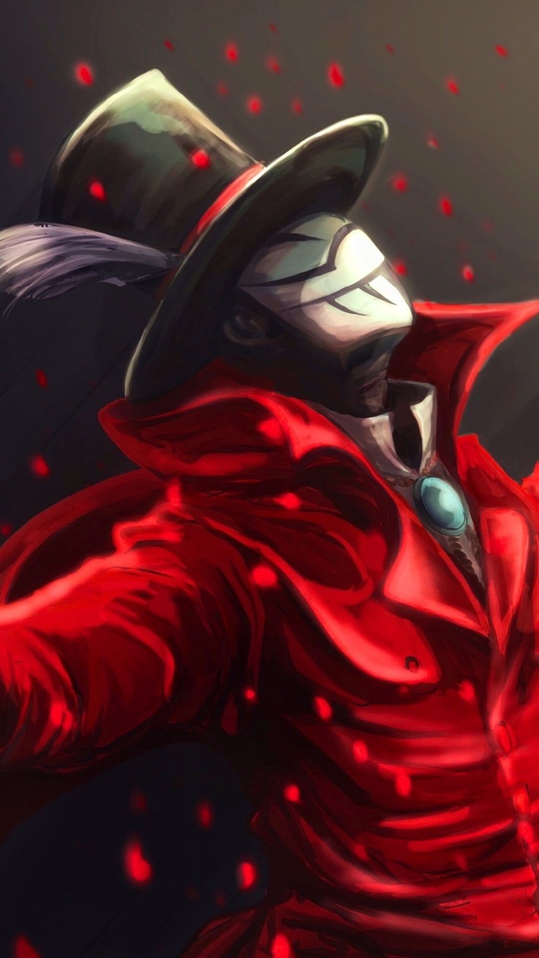 Atsuhiro Sako wears a red coat, top hat, and white mask while red petals fall against a dark background.