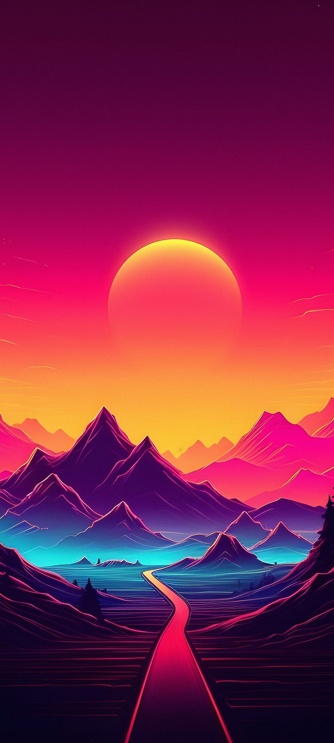 Glowing neon sun sets behind sharp purple mountains overlooking a pink and blue road through a surreal valley.