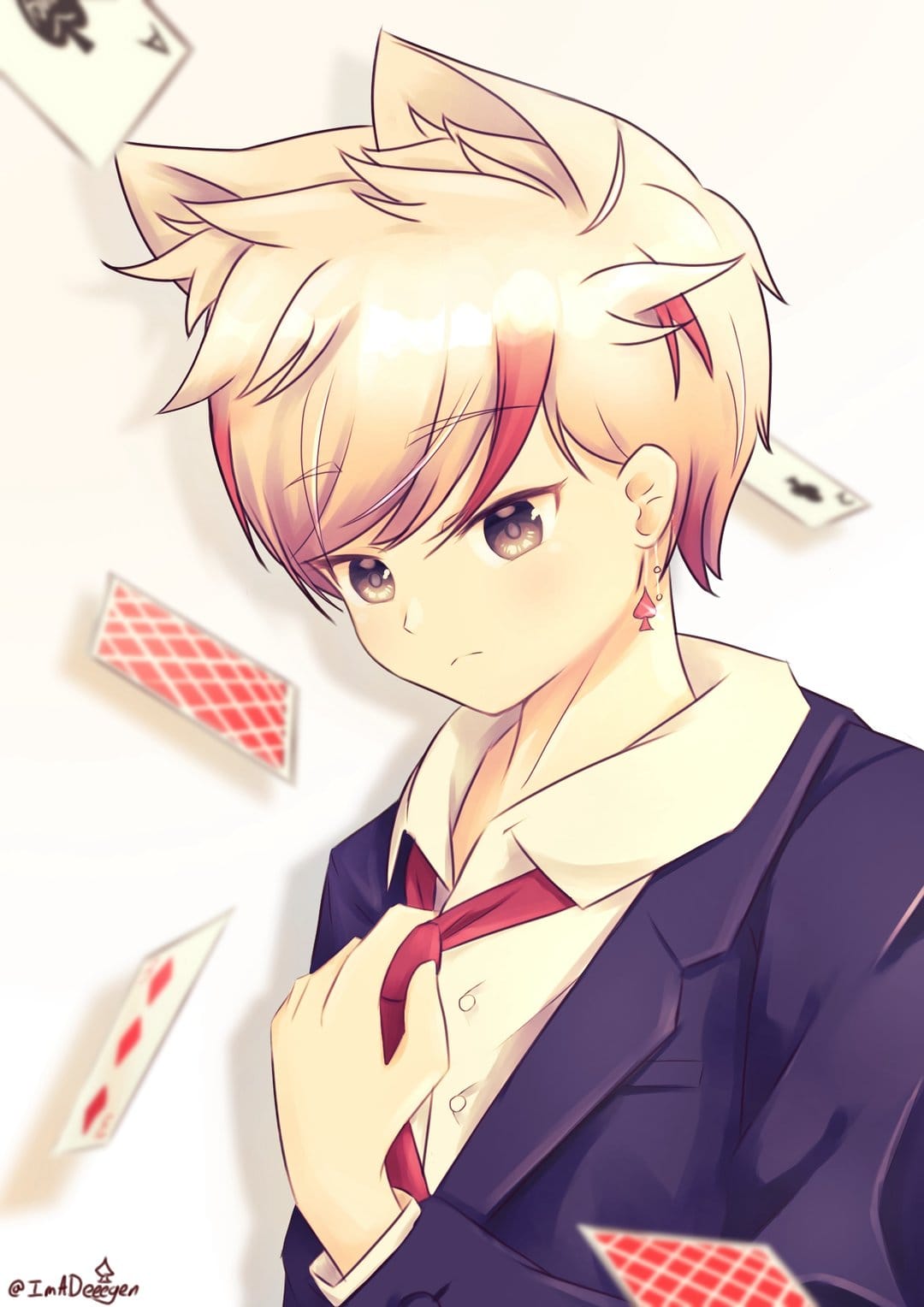 Blond cat-eared boy in a dark suit adjusting his red tie as playing cards fall in a soft painterly style.