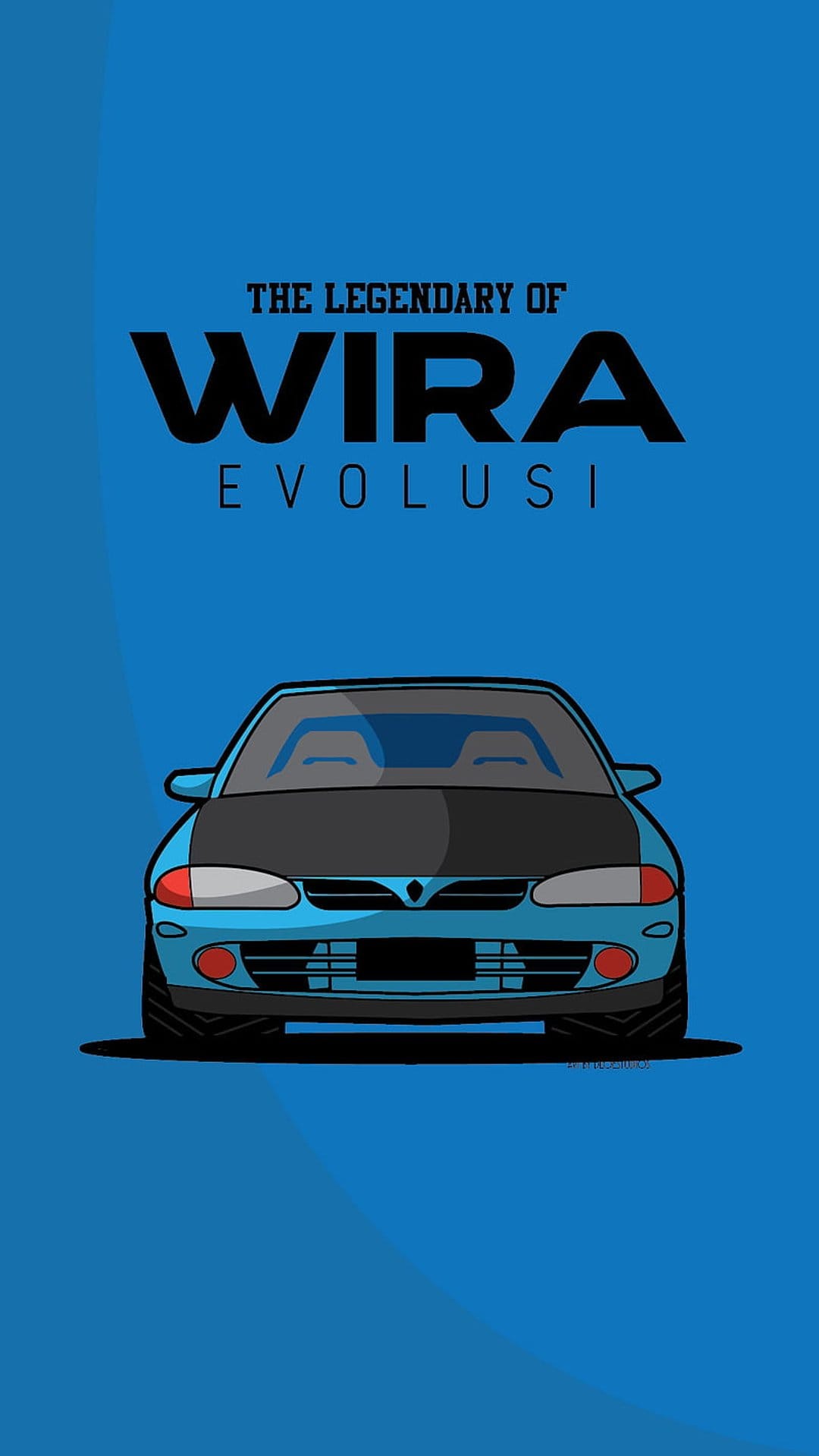 Proton Wira Evolusi with a blue body, black hood, and red accents on a blue background with bold text
