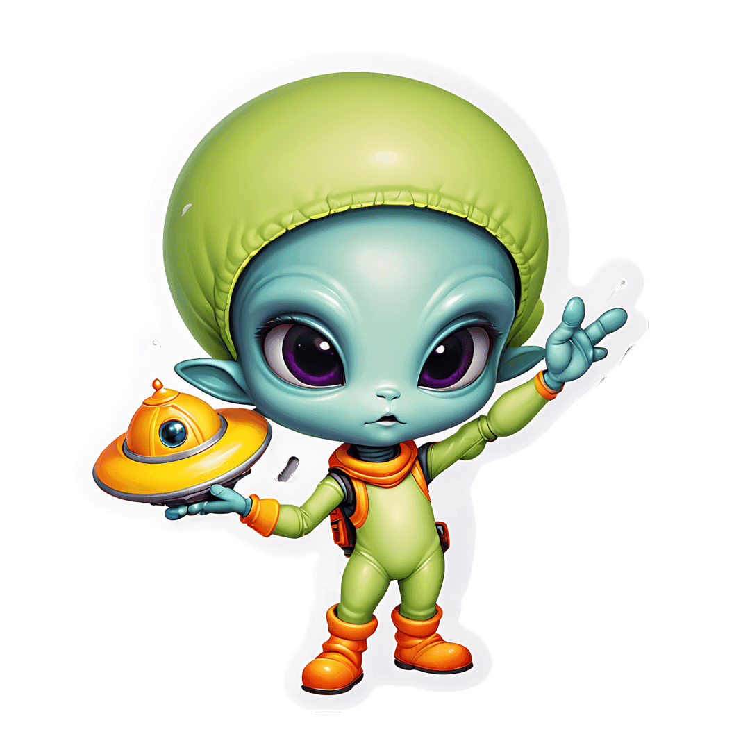 Teal alien character in lime green spacesuit waving while holding a small yellow UFO saucer sticker graphic.