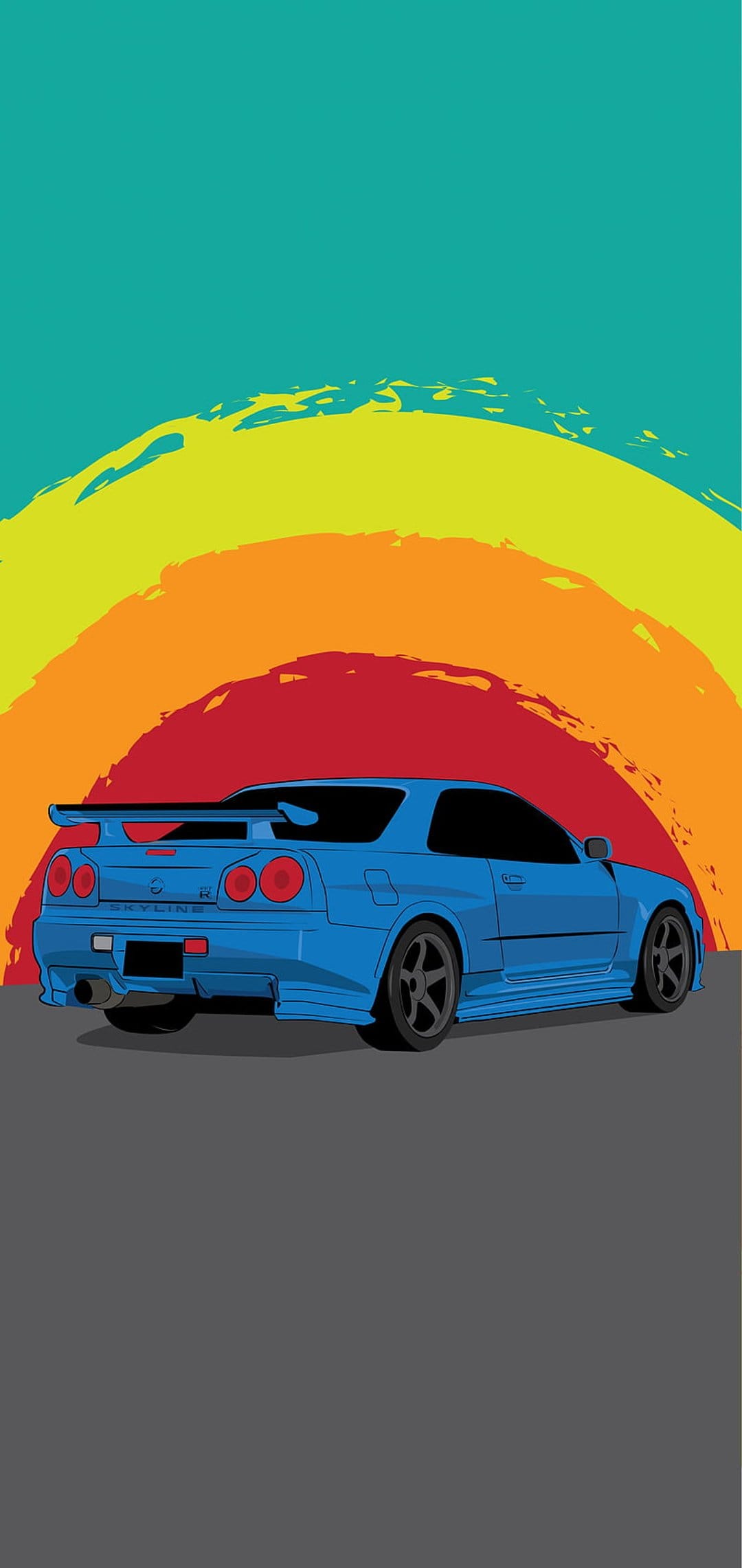 Blue Nissan Skyline R34 sports car parked against an abstract sunset with red, orange, and turquoise strokes.