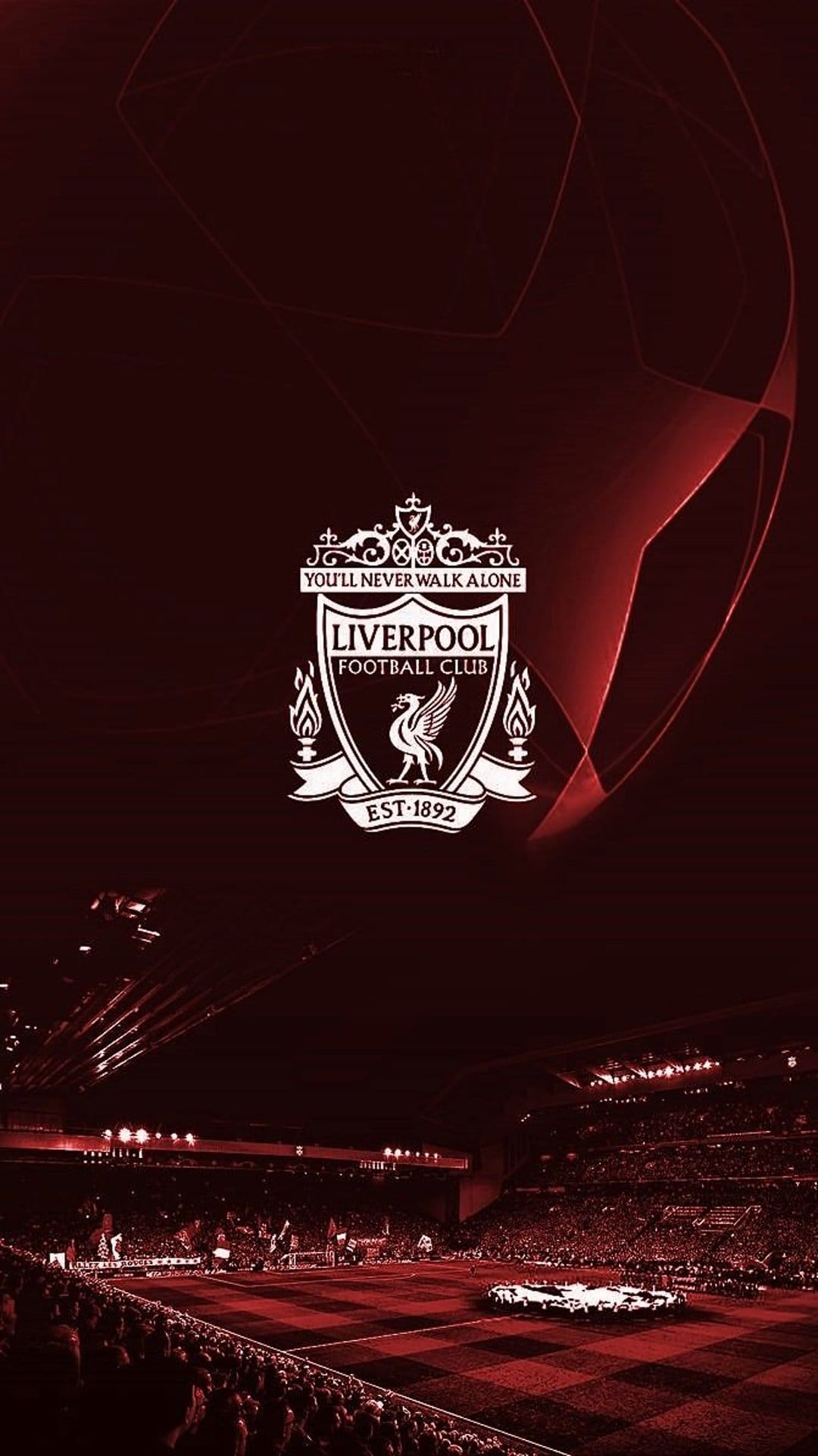 Liverpool FC crest centered over a dark, atmospheric soccer stadium with floodlights and deep red hues.