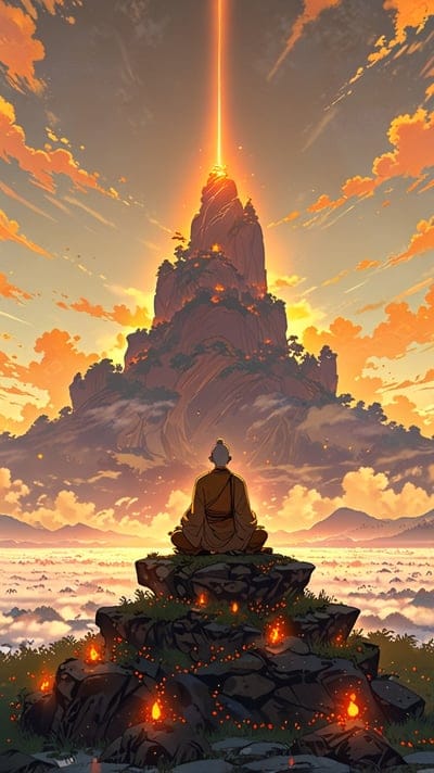 monk, meditation, mountain, enlightenment, spirituality, zen, serenity, peace, sunset, sky, clouds, nature, landscape, ancient, spiritual, religious, calm, tranquility, hope, illumination, fantasy, digital art, illustration