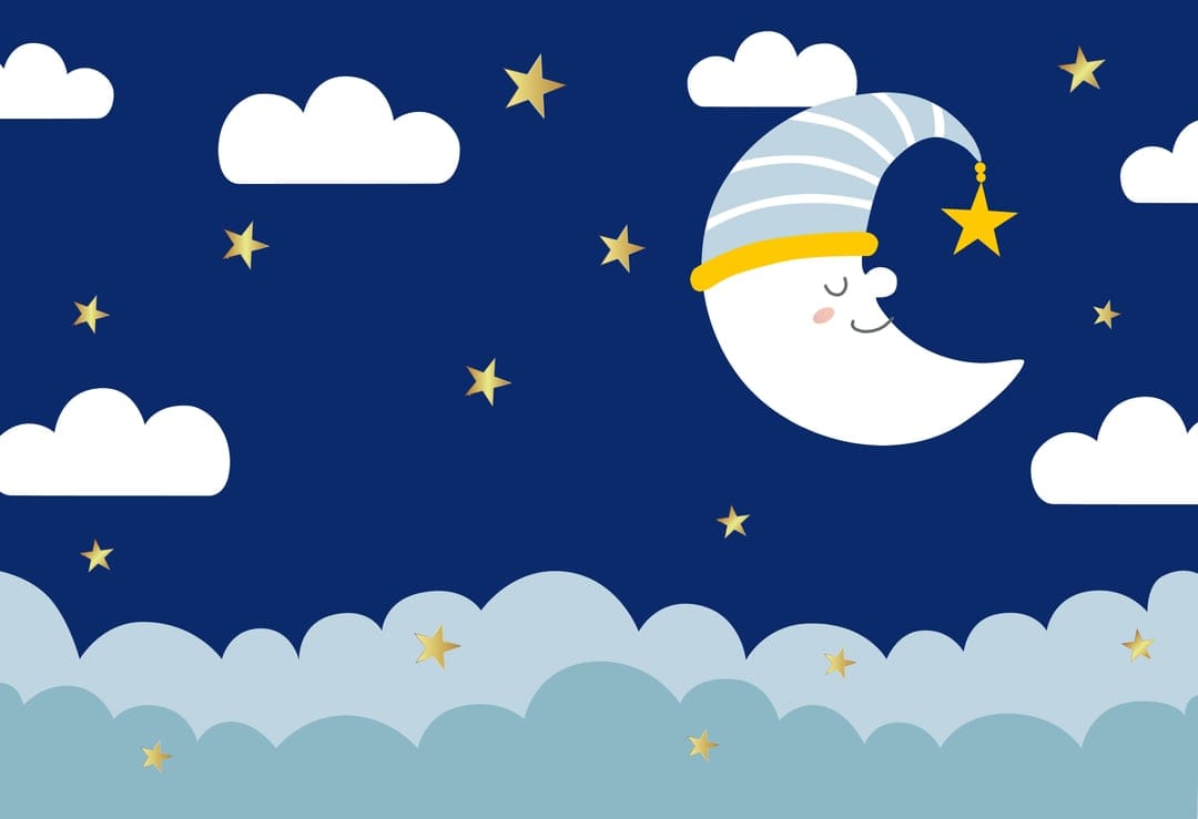 Crescent moon wearing a striped nightcap holds a small star amidst fluffy clouds and twinkling golden stars.