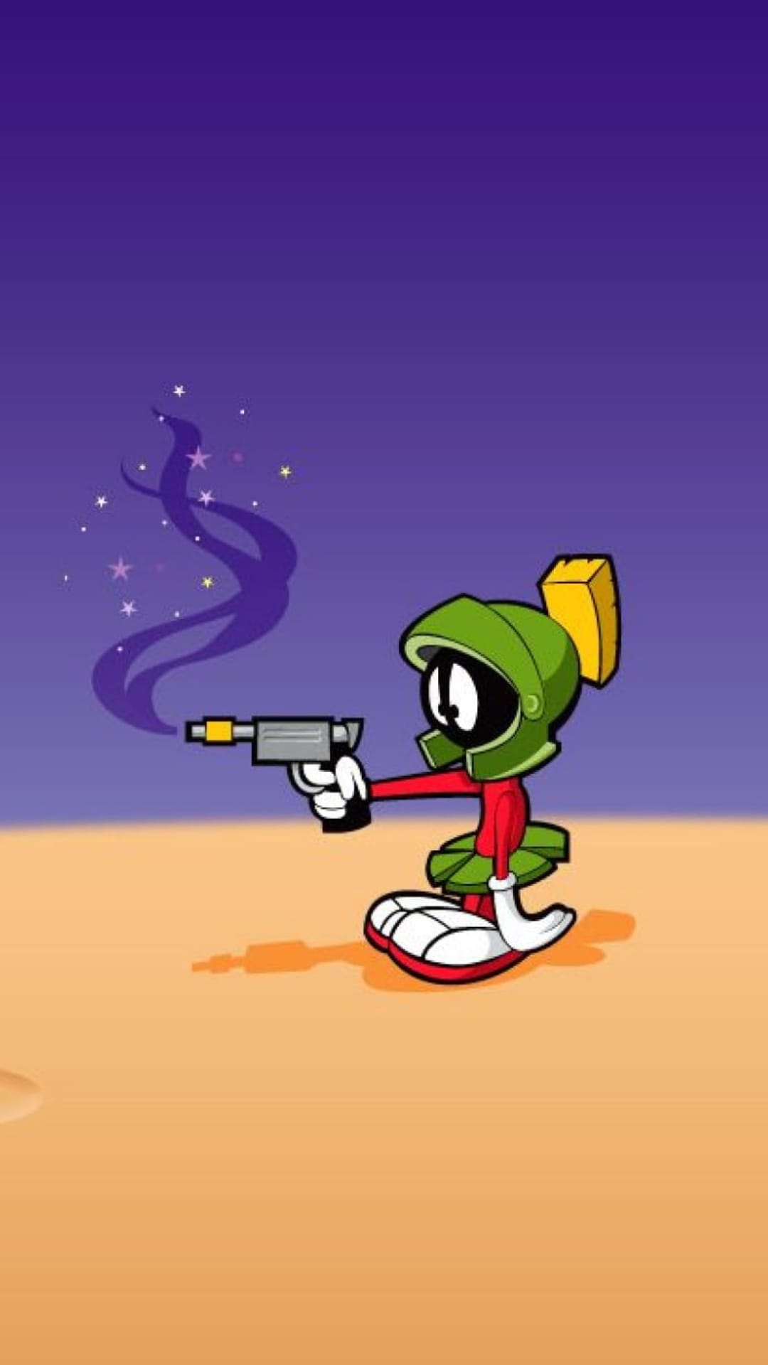 Marvin the Martian kneels on an orange planet, firing a ray gun that emits purple smoke into a starry night sky.