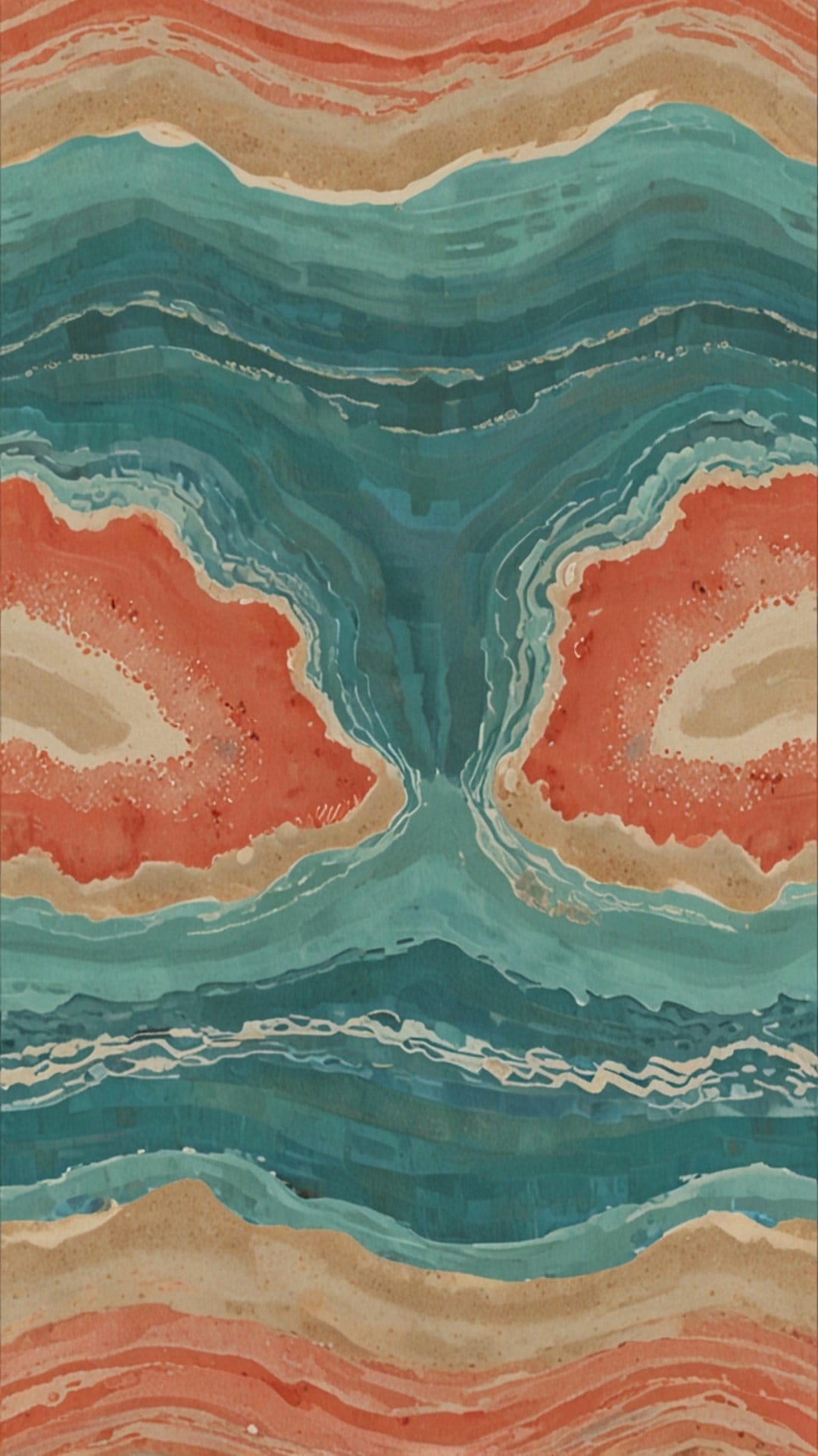 Swirling teal and coral geode bands weave through sandy beige layers in an organic, flowing mineral-like pattern.