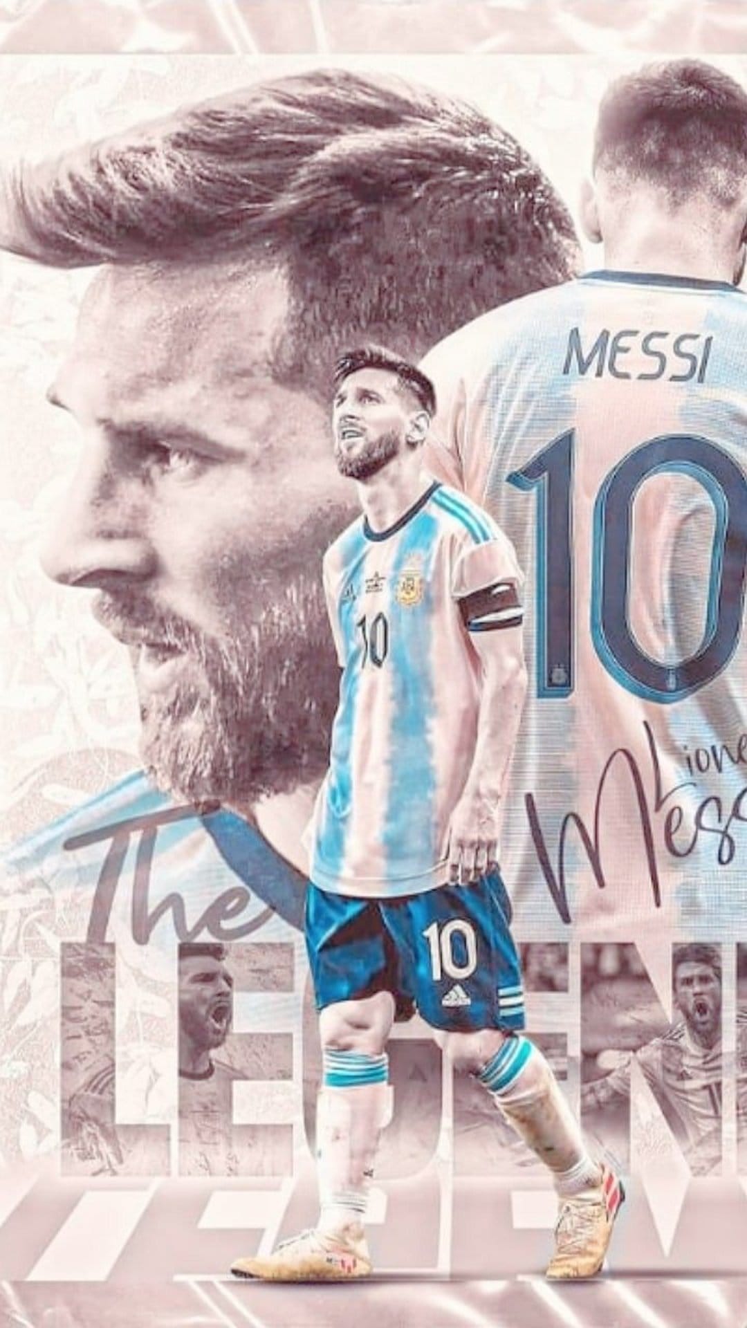 Lionel Messi in a blue and white Argentina jersey appears in a graphic montage with the word Legend.