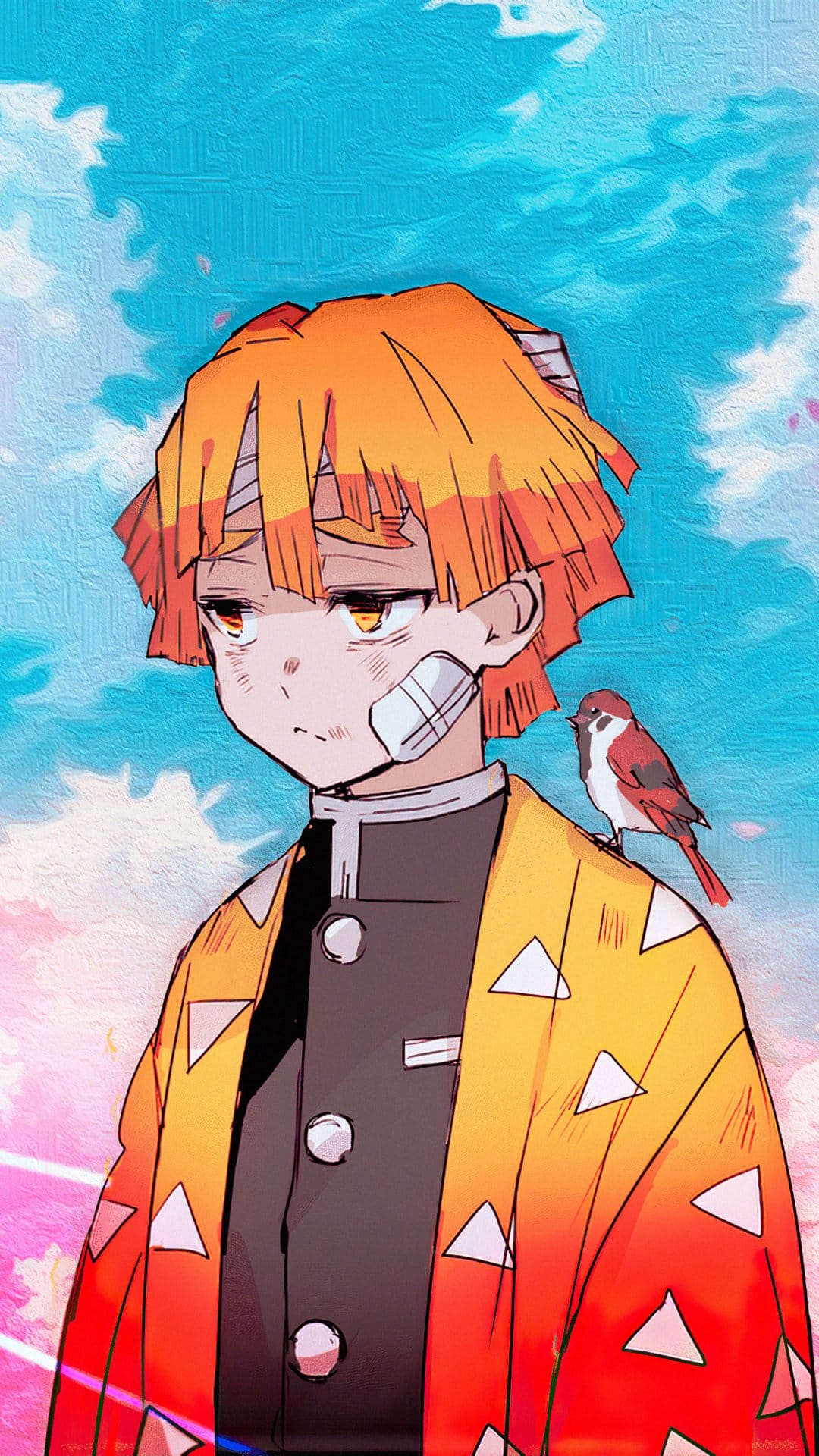 Zenitsu Agatsuma with a bandaged head has a small sparrow perched on his shoulder against a soft pink and blue sky.