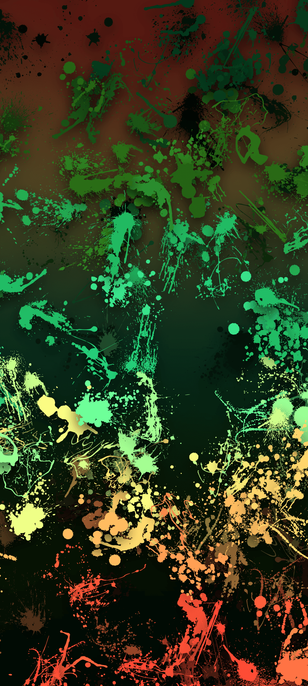 Lime and crimson paint droplets splashing over a dark green gradient background with gritty artistic textures.