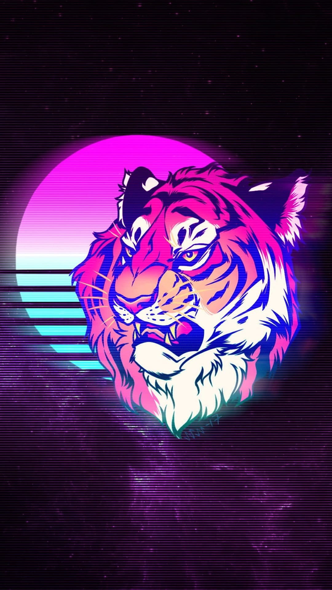 Tiger head glowing in neon pink and blue with horizontal scanlines against a circular gradient background.