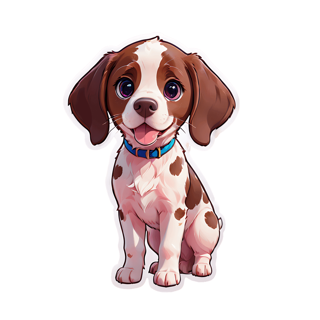 Beagle puppy sticker featuring brown spots, purple eyes, and a blue collar in a front-facing sitting pose.