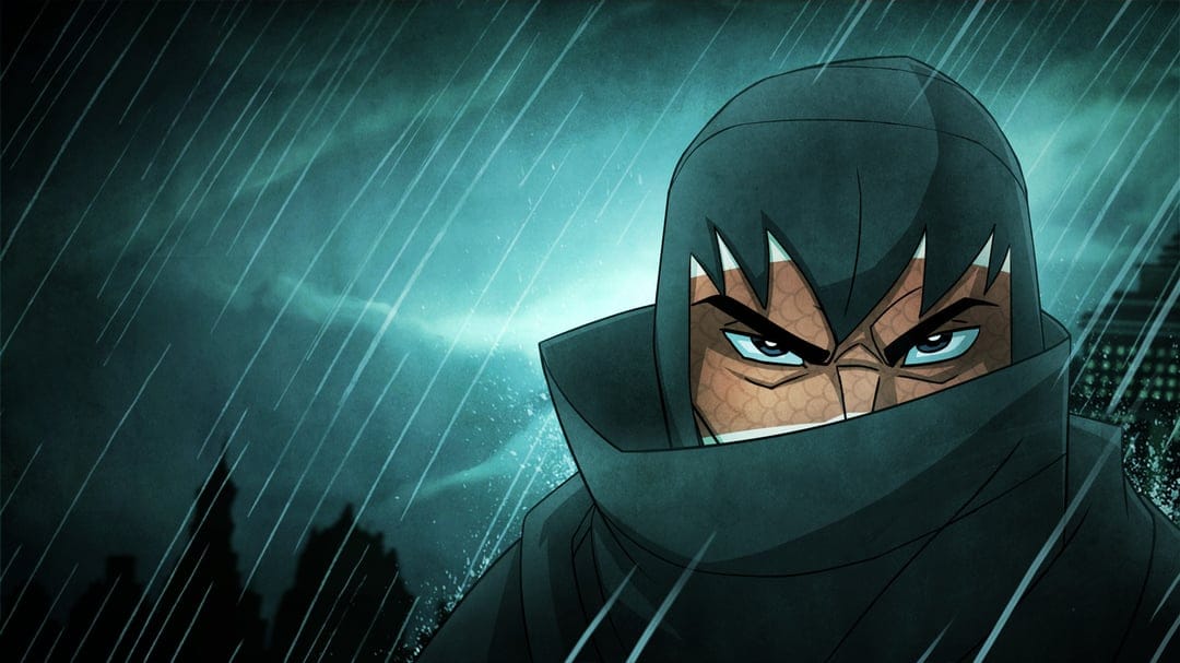 Masked ninja character with intense blue eyes standing in heavy diagonal rain against a dark teal city skyline.