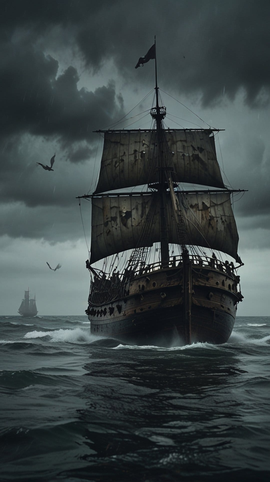 Tattered galleon with shredded sails navigates giant waves under a dark, stormy sky with birds and a distant ship.