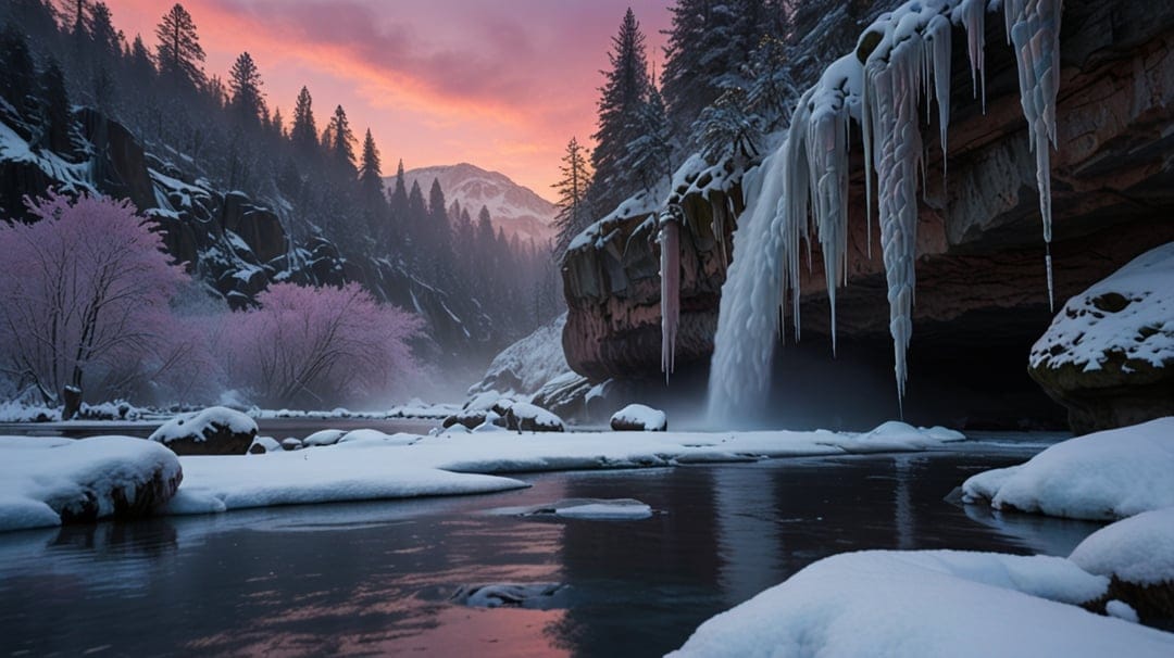 Frozen waterfall with icicles cascades into a river beneath a pink sunrise and snow-dusted mountain cliffs.