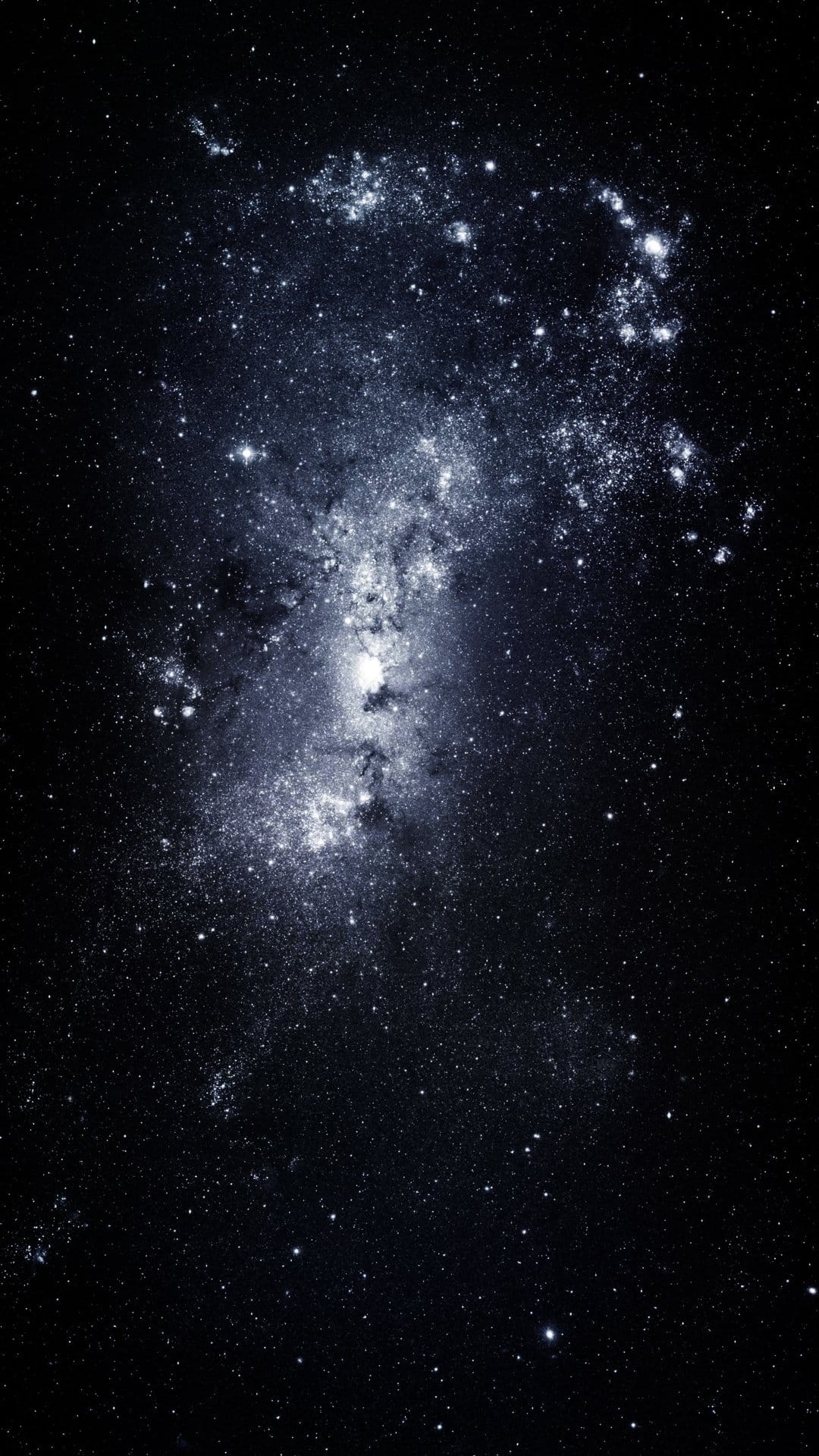 Glowing star clusters and dark interstellar dust clouds scattered across a vast, deep purple cosmic expanse.