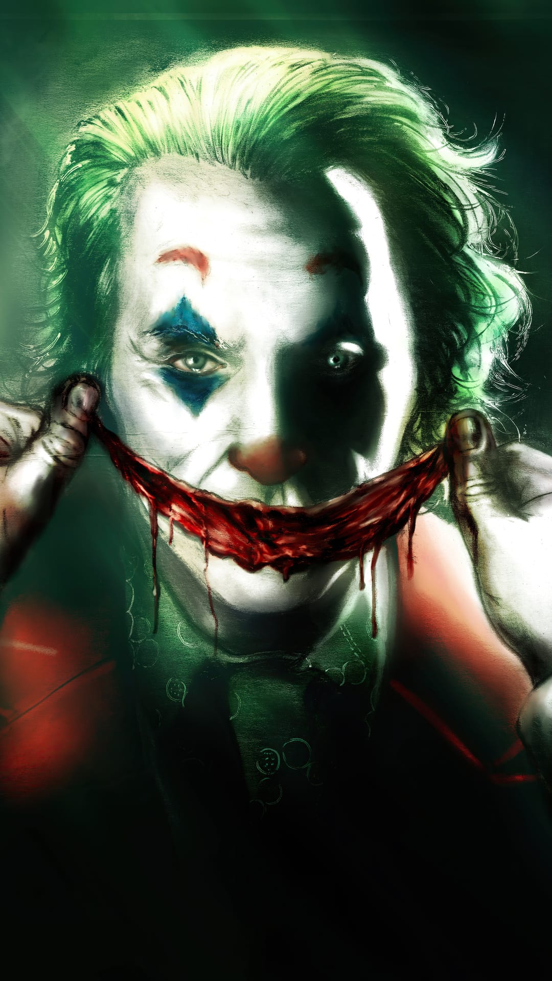 Joker pulls at his mouth to reveal a bloody smile against a dark background with green lighting and messy hair.