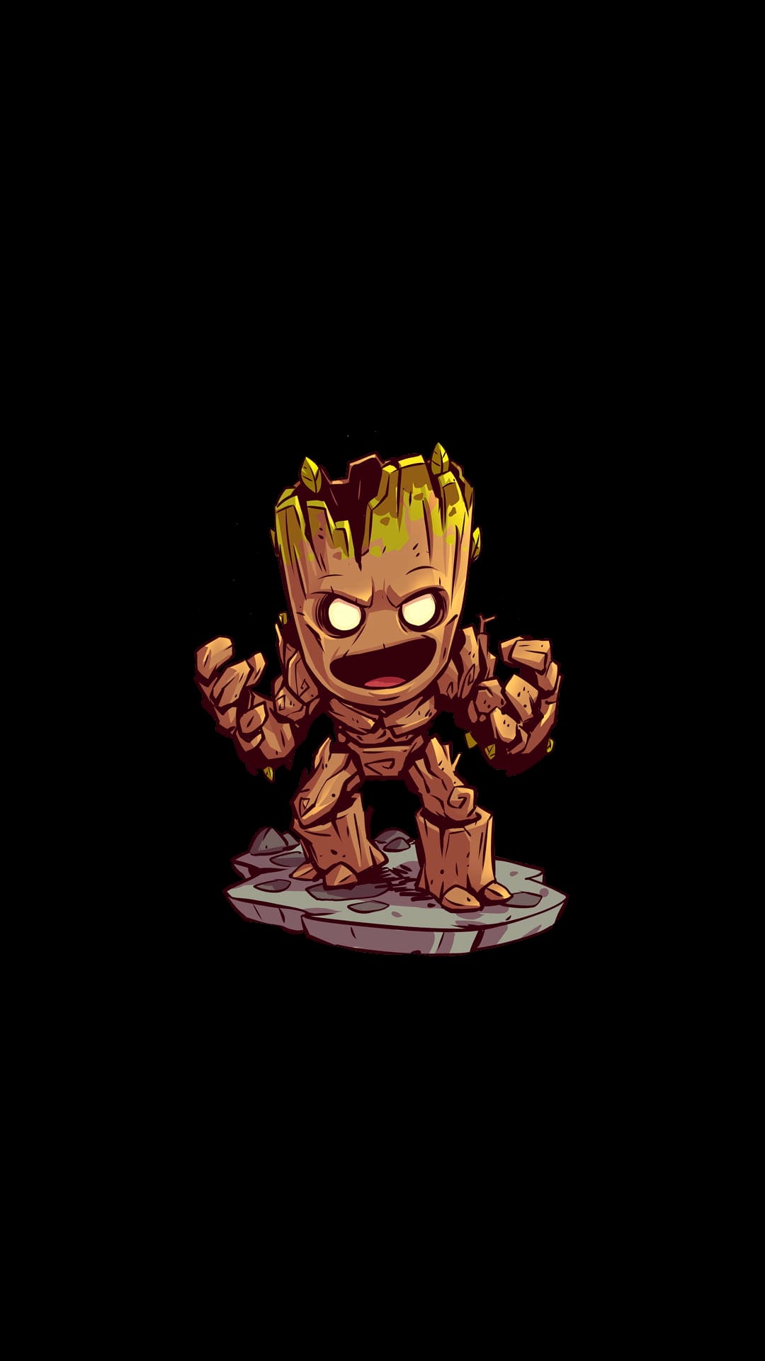 Baby Groot with glowing eyes and a wide smile stands on a gray stone ledge against a solid black background.