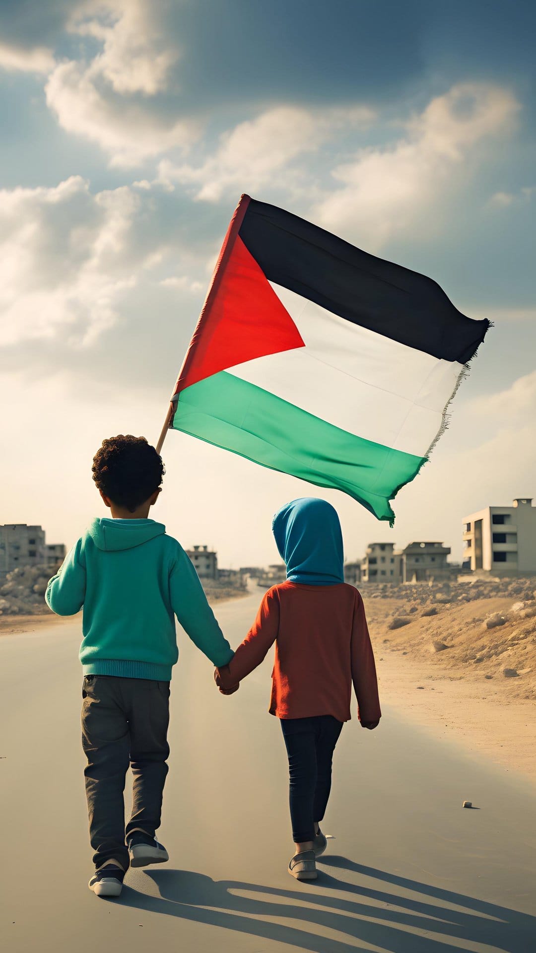 Two children walk hand in hand down a road while holding the Palestinian flag beneath a cloudy, overcast sky.