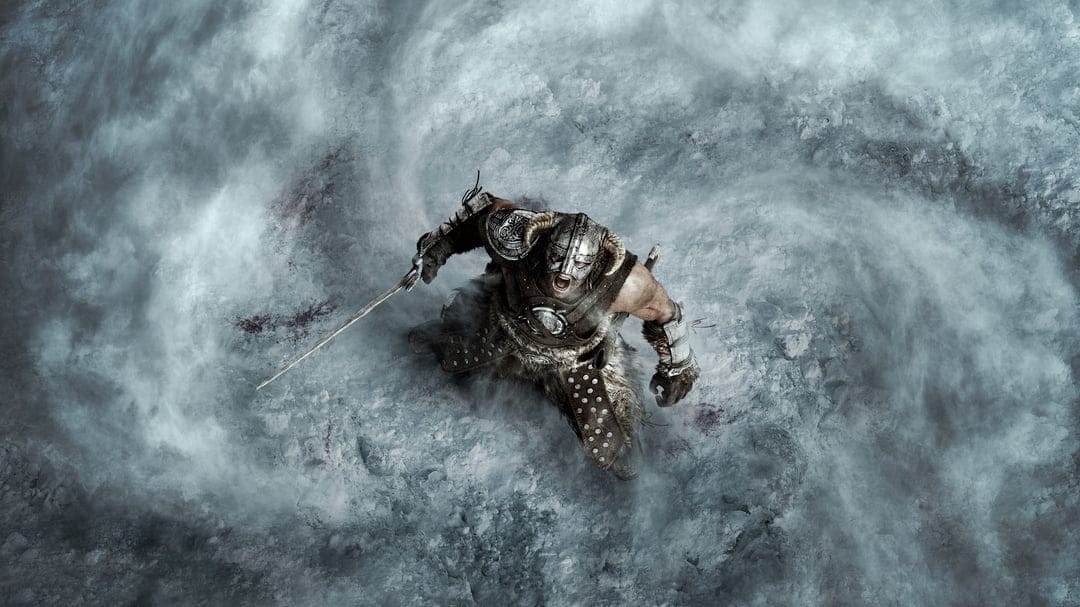 Dragonborn shouting in a snowy blizzard from a top-down view with blood splatters on the icy ground.