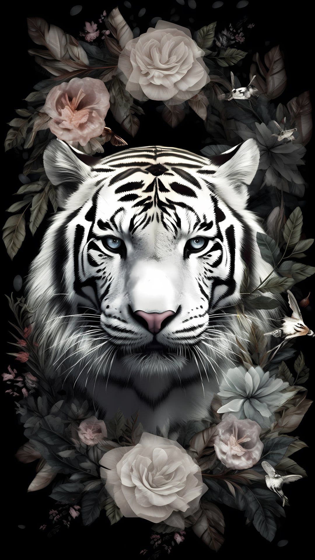 White tiger with piercing blue eyes surrounded by dark gothic flowers and small birds in a vertical composition.