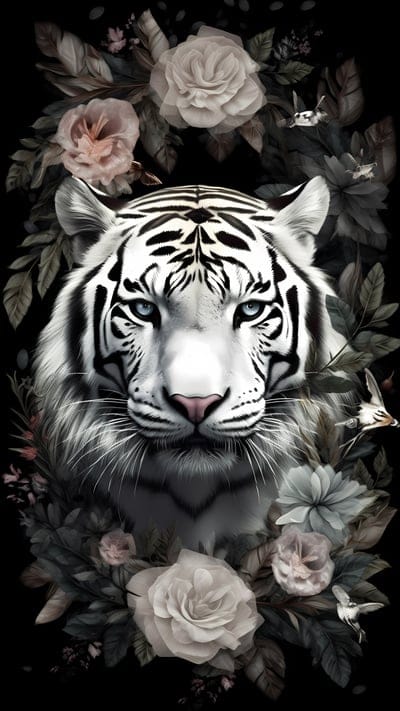 white tiger,tiger,predator,big cat,flowers,art