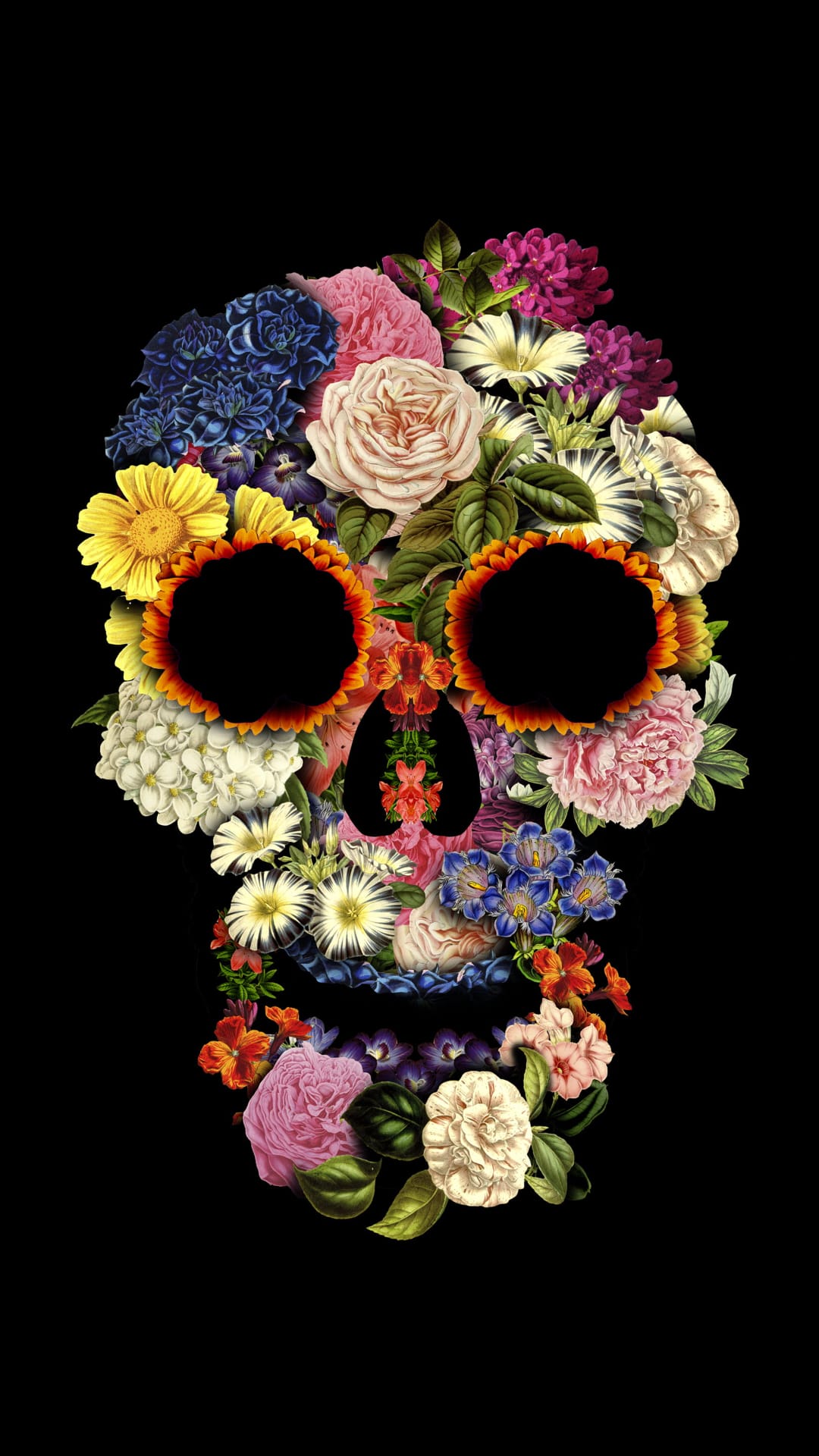 Human skull formed from yellow sunflowers and pink roses positioned centrally against a deep black background.