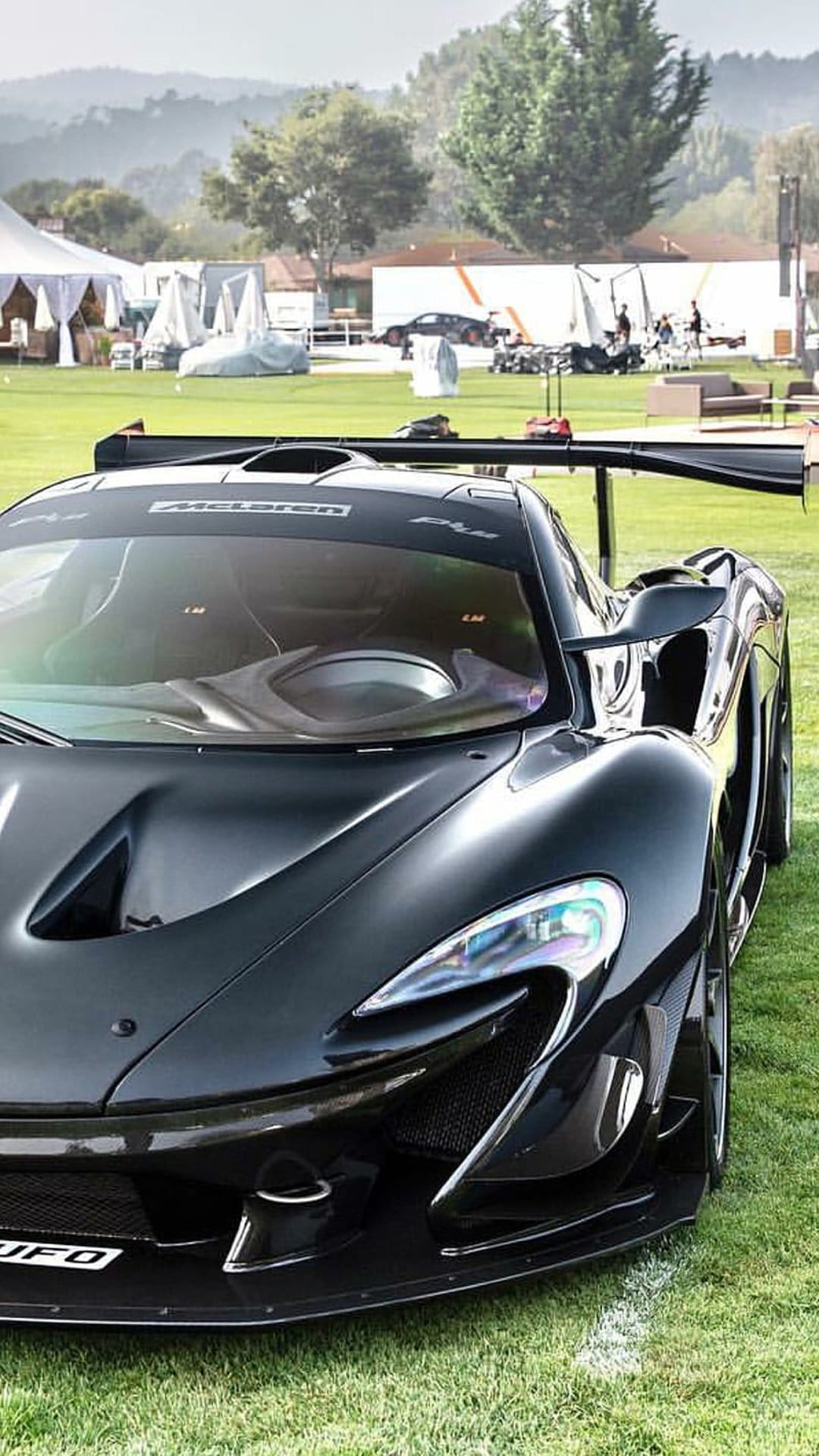 Black McLaren P1 hypercar parked on green grass, showing its aerodynamic profile and large rear wing.