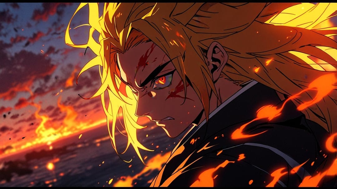 Scarred anime warrior with golden hair and glowing red eyes stands before a sunset sky and rising fire.