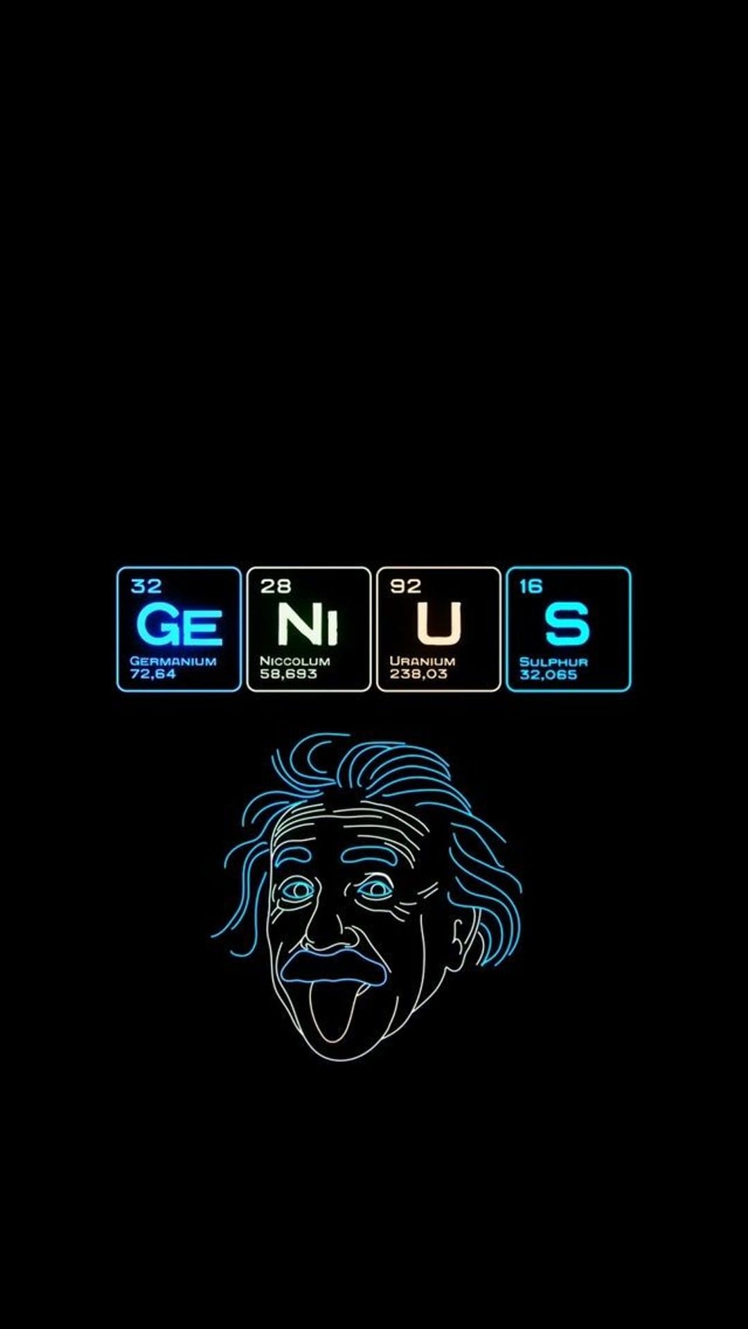 Albert Einstein’s blue neon outline appears above Germanium, Nickel, Uranium, and Sulfur periodic table symbols.