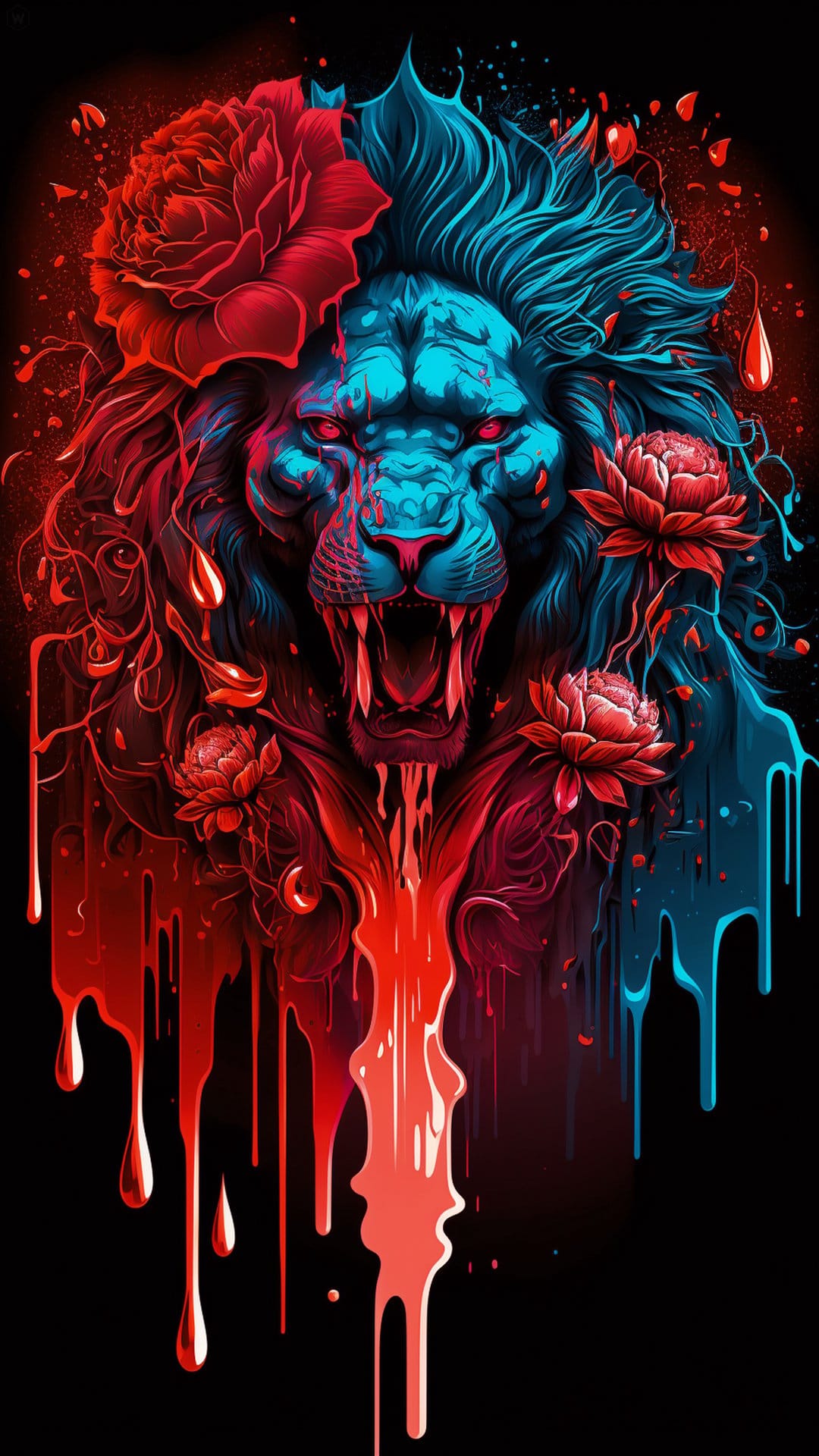 Roaring lion with a red and blue dripping mane and roses around its face against a solid black background.