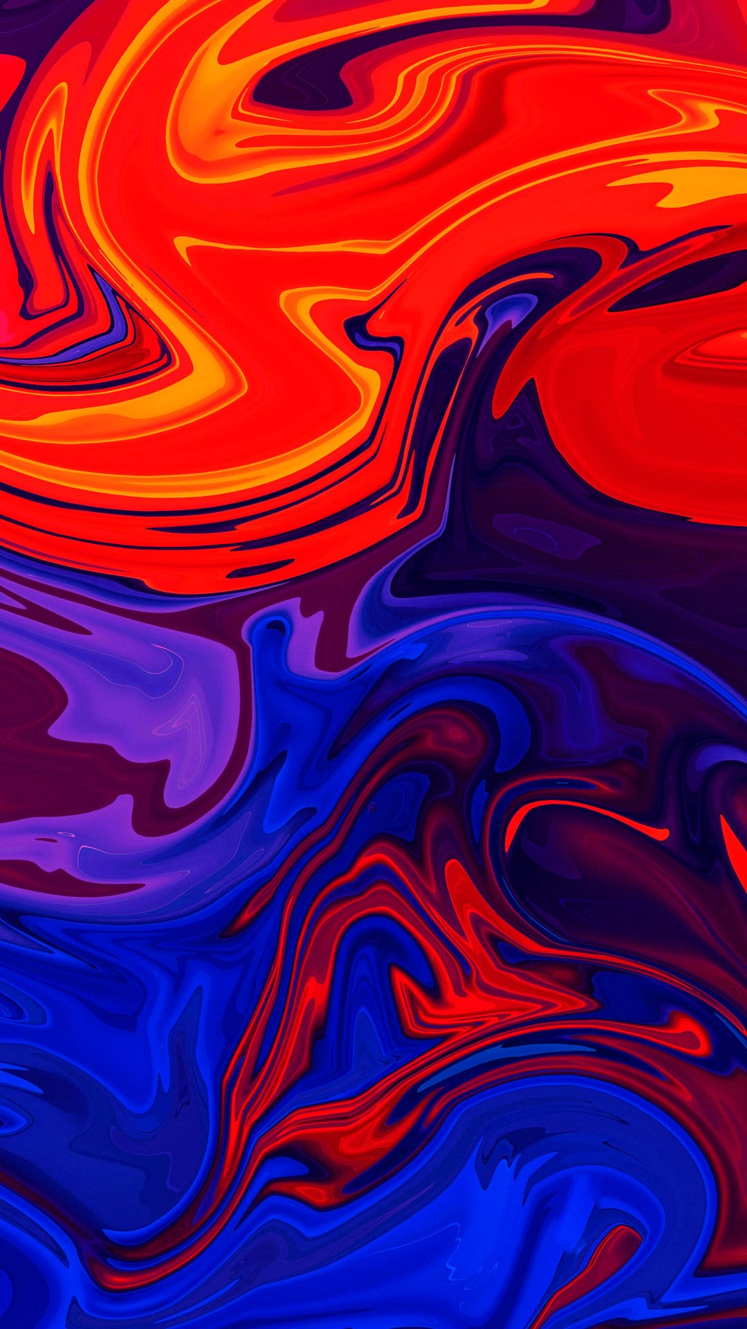 Red, blue, and yellow liquid pigments swirl together in a high-contrast marbling pattern with organic curves.
