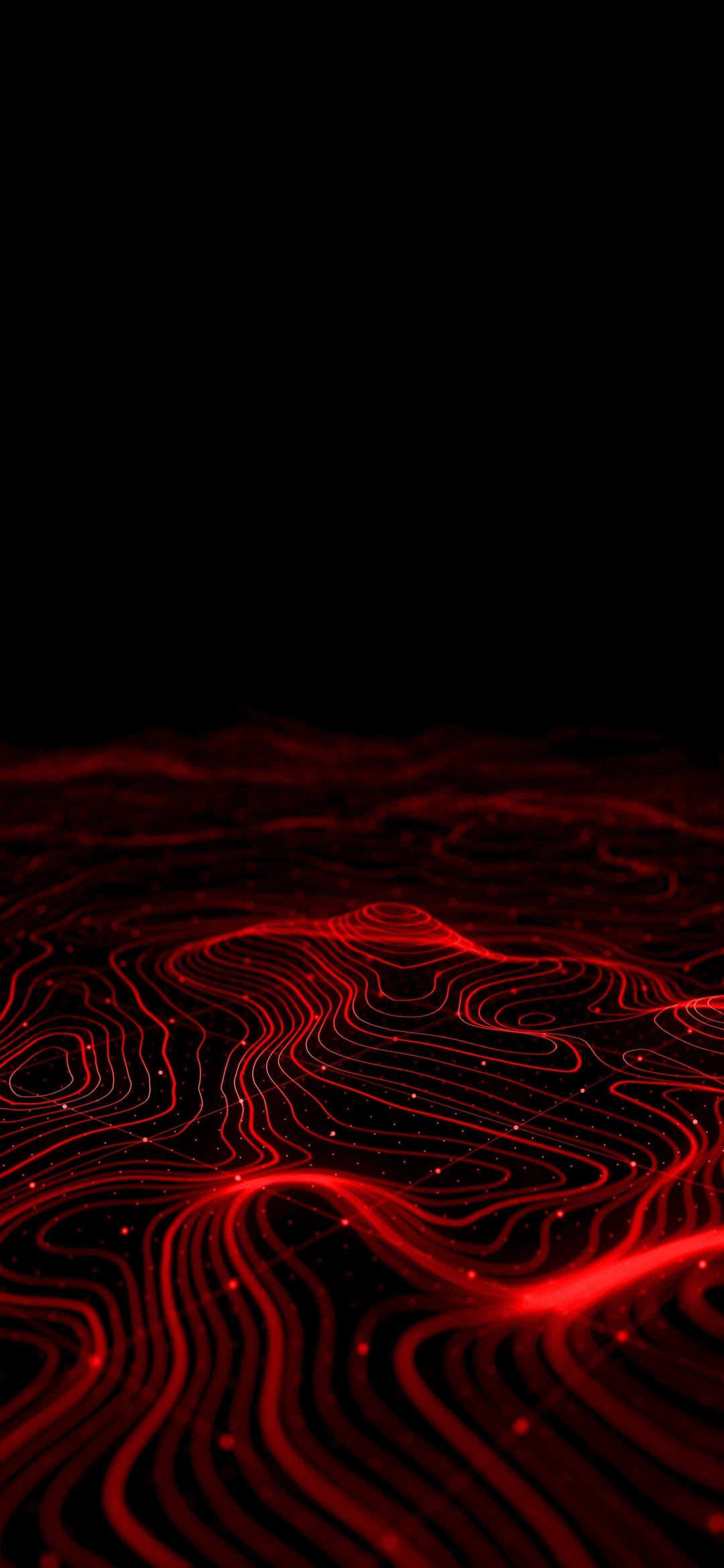 Red topographic contour lines and glowing nodes of light float against a deep black void in vertical view.