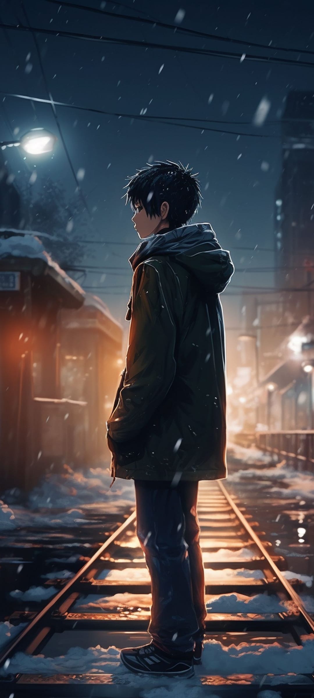 Young boy in a green coat stands on snowy train tracks at night under the soft glow of a distant streetlamp.