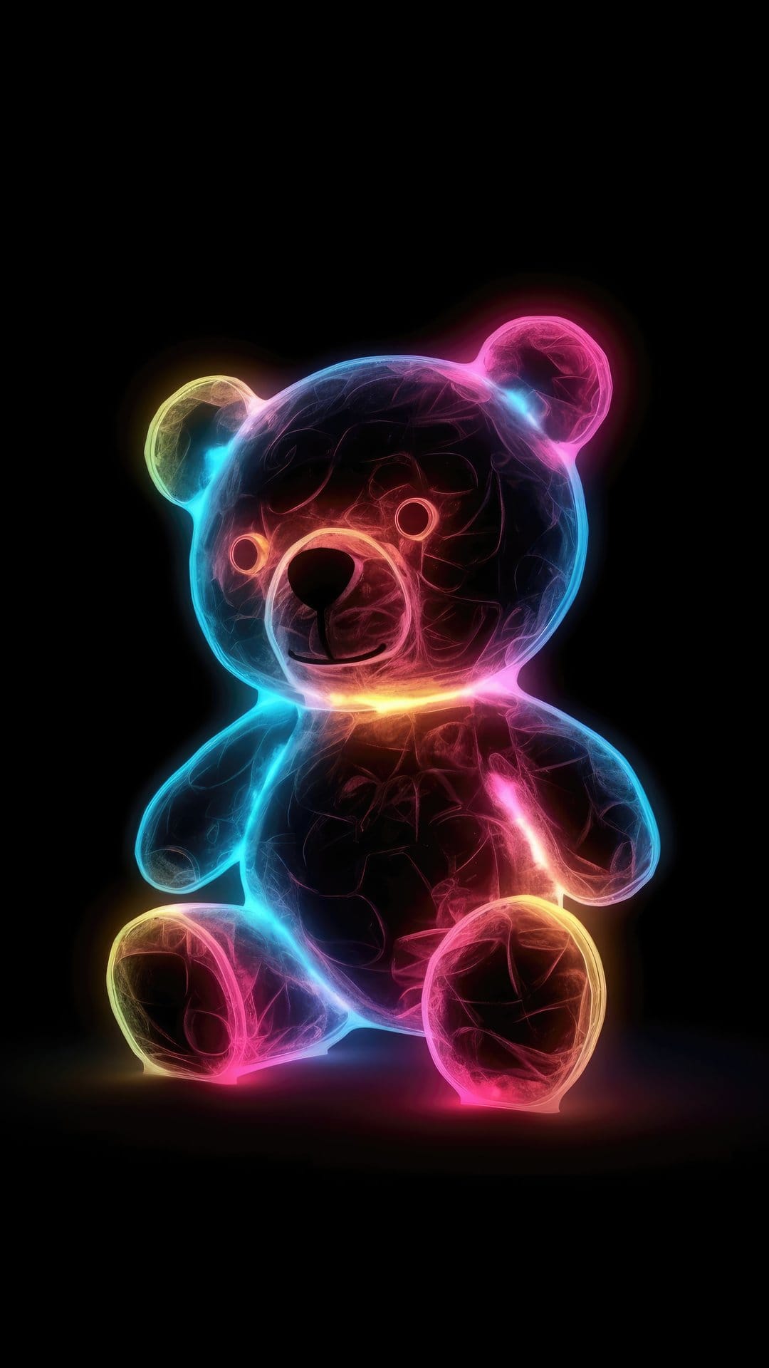 Teddy bear silhouette defined by radiant neon outlines in pink, blue, and yellow on a dark black backdrop.
