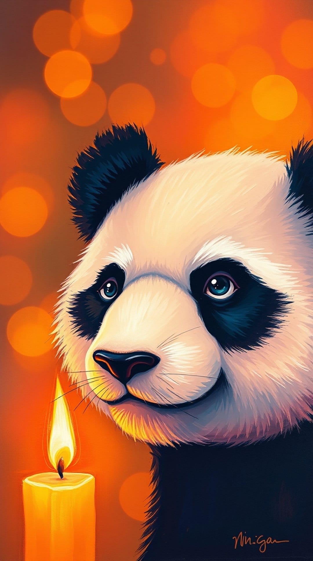 Giant panda with blue eyes looks at a glowing candle flame amidst warm orange bokeh lights in the background.
